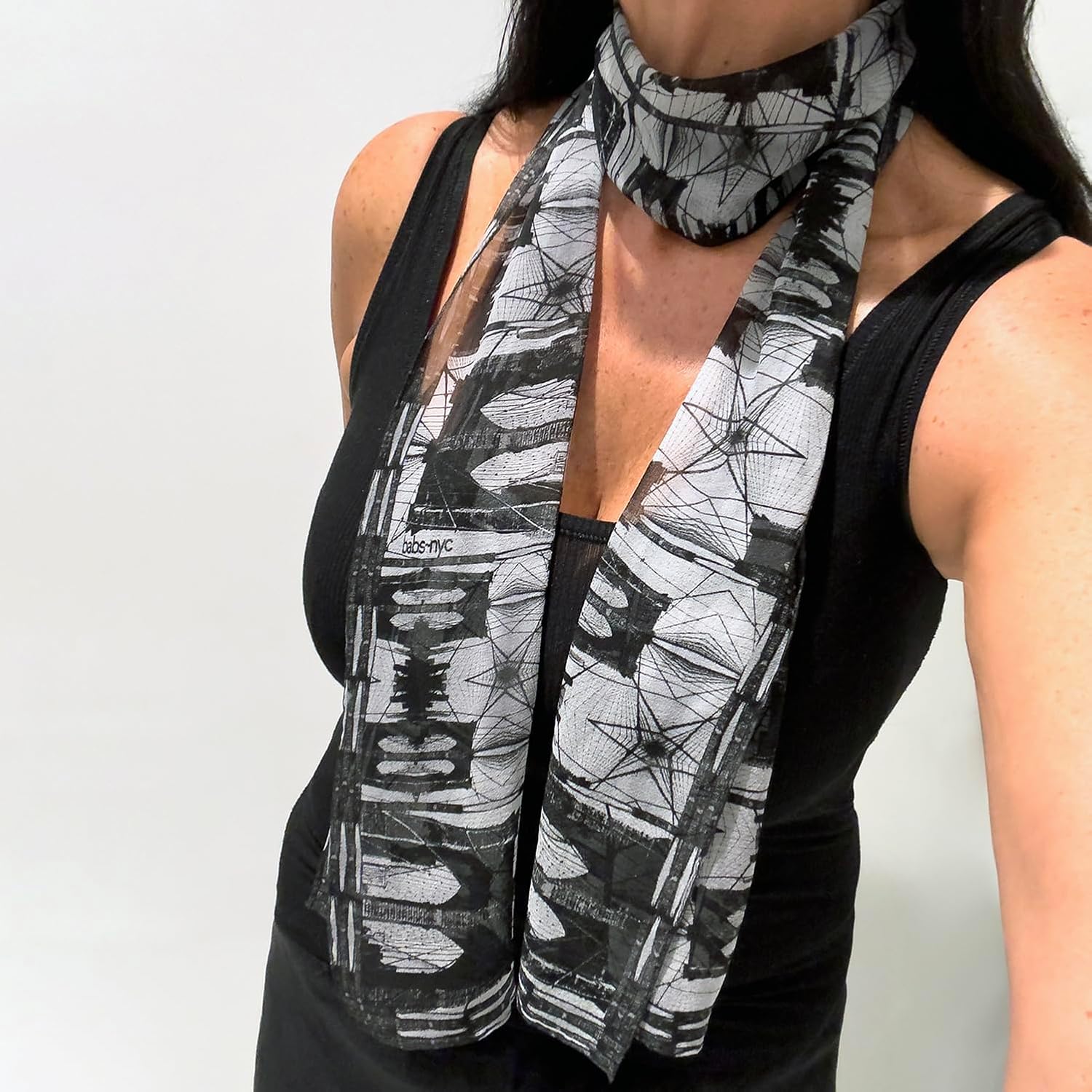 Silk Georgette Scarf, 9" x 63", Brooklyn Bridge Collage Design, Lightweight image 3