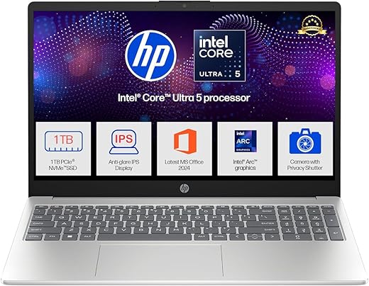 HP 15, Intel Ultra 5 125H (16GB DDR5, 1TB SSD) FHD, IPS, 15.6''/39.6cm, Win11, M365 Basic(1yr)* Office24, Silver, 1.65kg, fd1255TU, Intel Arc Graphics, FHD Camera w/Shutter, AI Powered Laptop