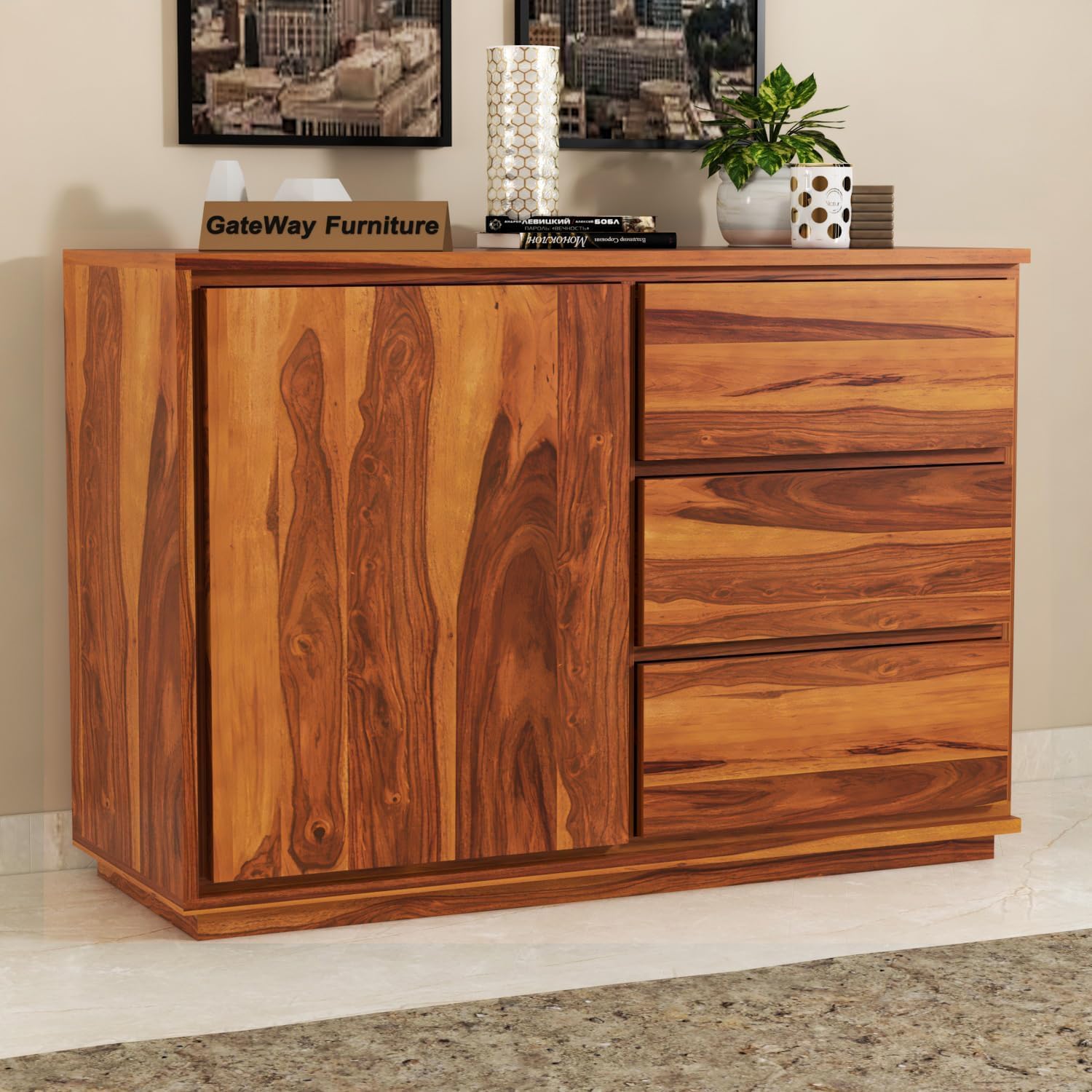 Sheesham Wooden Chest of Drawer with 3 Drawer & 2 Shelves Storage for Living Room Storage - Solid Wood Chest of Drawers Wooden Drawer Cabinet for Bedroom Home (Owar_Honey Finish)-image-29
