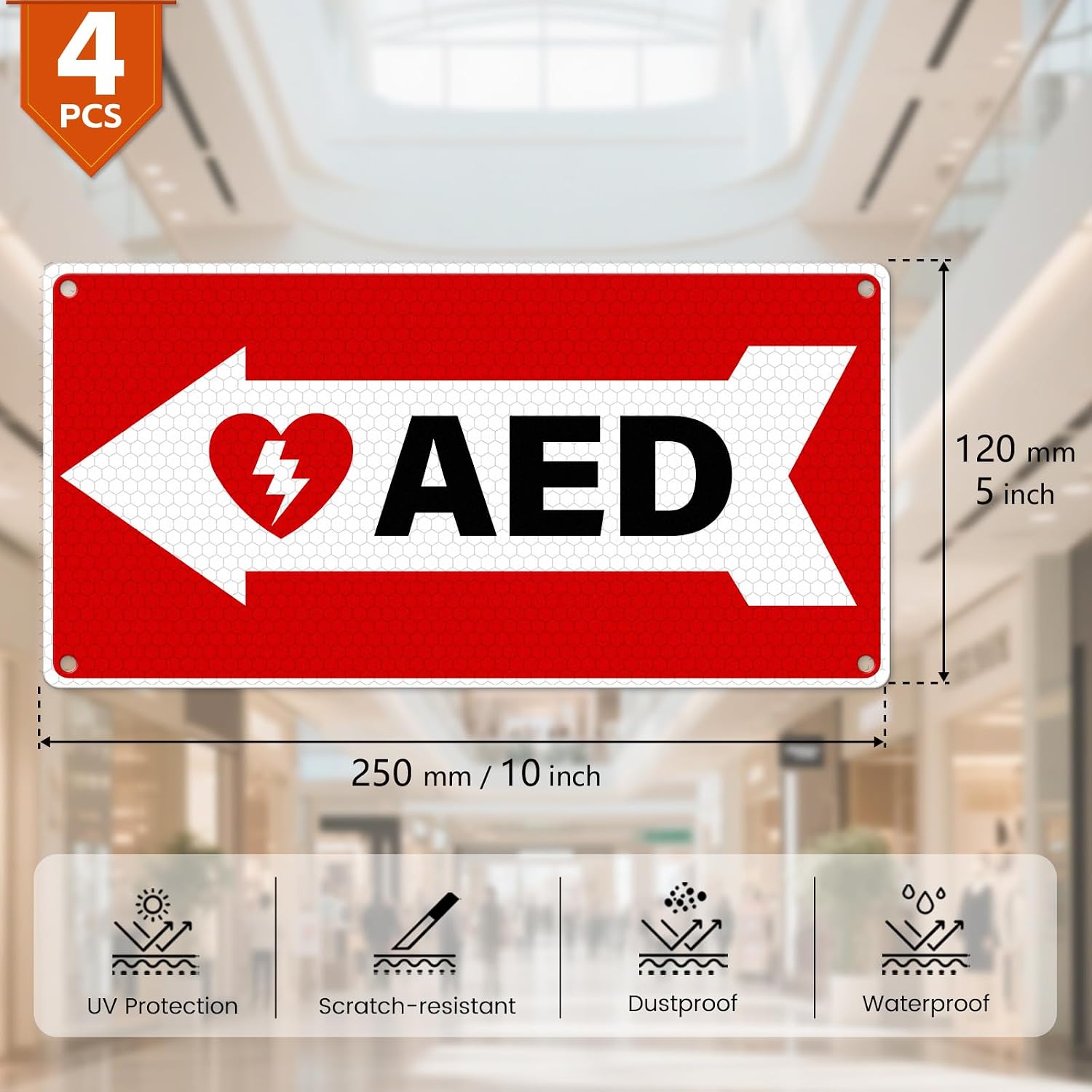 4 Pack AED Signs with Left Arrow 10 × 5 Inches Pre-Drilled Holes Aluminum Metal Reflective Sign Waterproof Rustproof Fade Resistance Signage for Offices Businesses Workplaces