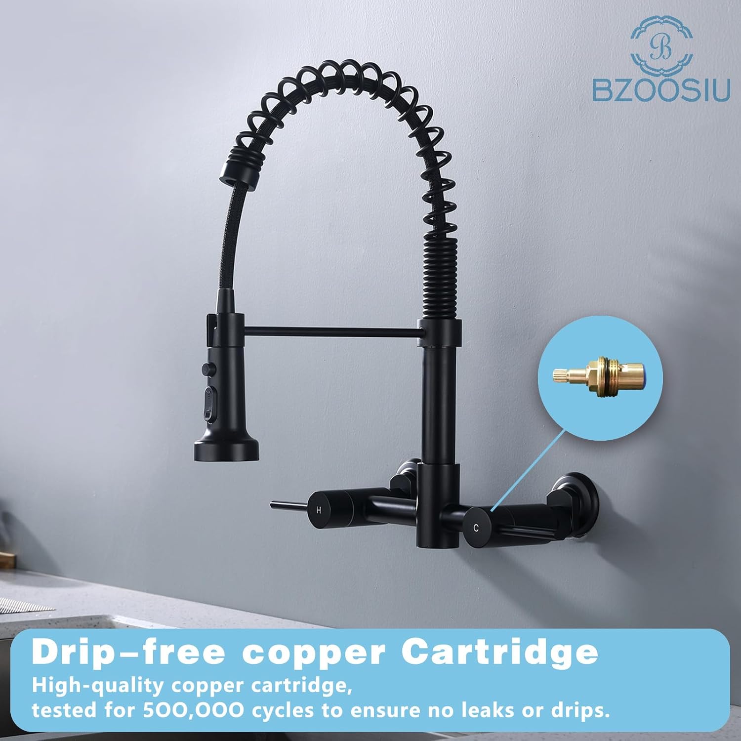 Wall Mount Kitchen Faucet, 8 Inch Center Wall Mount Faucet with Pull Down Sprayer, Commercial Spring Wall Faucet for Kitchen Sink, 3 Functions, Dual Handle, 304 Stainless Steel, Matte Black