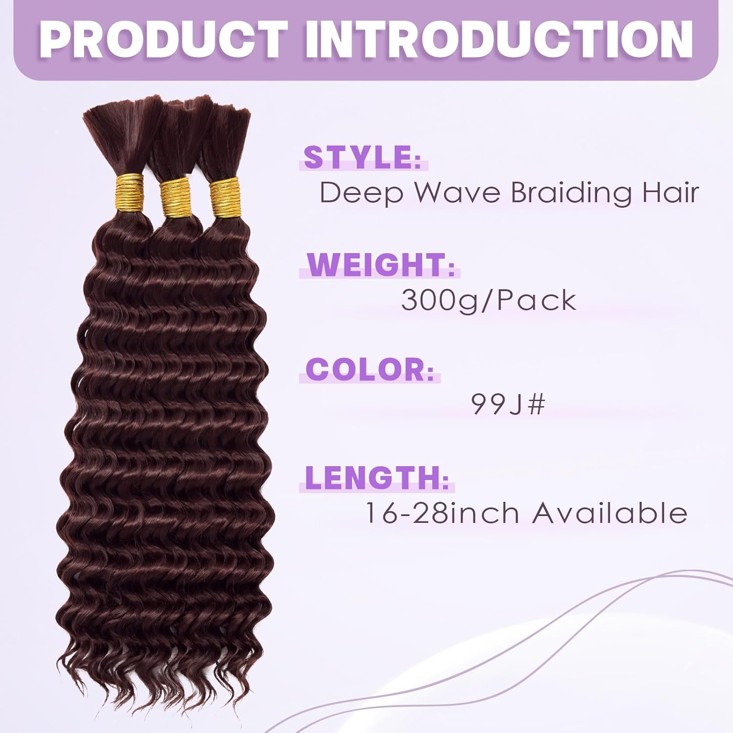 Boho Hair for Braiding 300g 20 Inch Deep Wave Bulk Hair for Braiding No Weft Wet and Wavy Deep Wave Bundles Burgundy Long Curly Synthetic Braiding Hair for Boho Braids 3 Bundles 99J