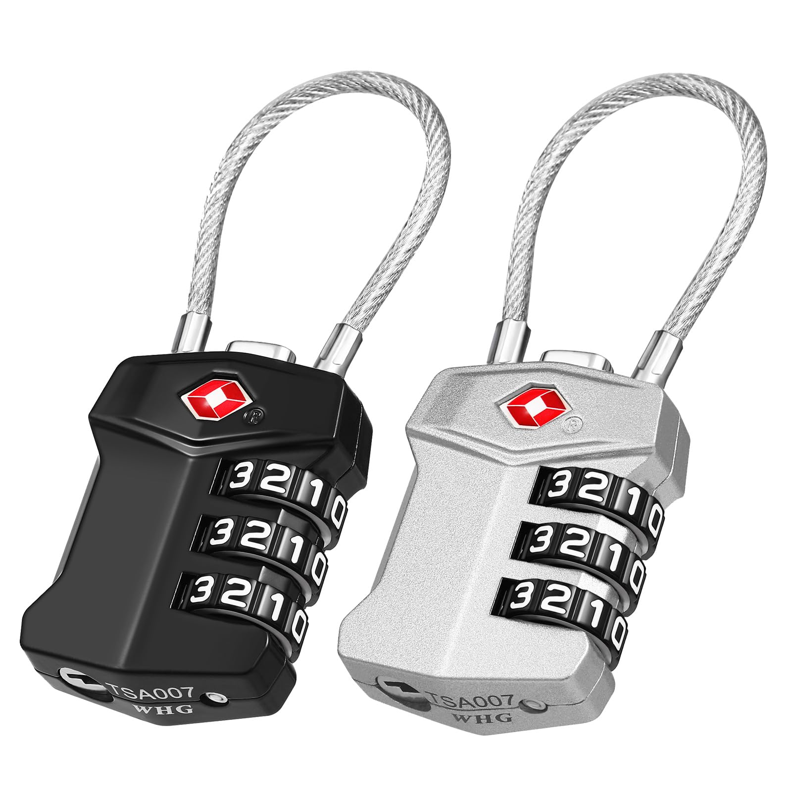 ZHEGE TSA Kofferschloss, Gepäckschloss mit Weiße Zahlen, 3 Stellig Zahlenschloss, Kabelschloss, Reiseschloss für Handtaschen, Golftaschen, Fitnessstudios, Werkzeugkästen (2 Stücke, Schwarz und Silber)