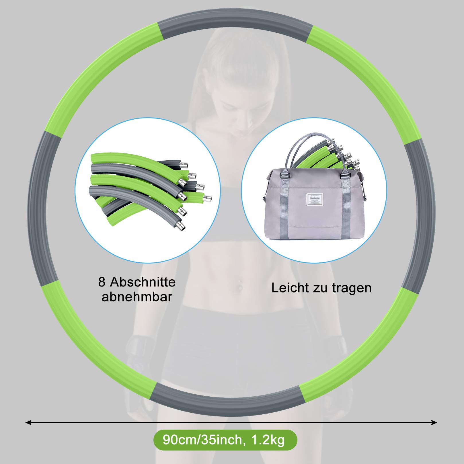Hula Reifen Hoop Erwachsene, Fitness Hoola Easy Slim Hoop zur Gewichtsreduktion, 8 Abnehmbare Reifenprofile mit Edelstahl-Innenkernrohr,Gewichte einstellbar von 1,2 bis 3,5 kg(Grau+Grün)