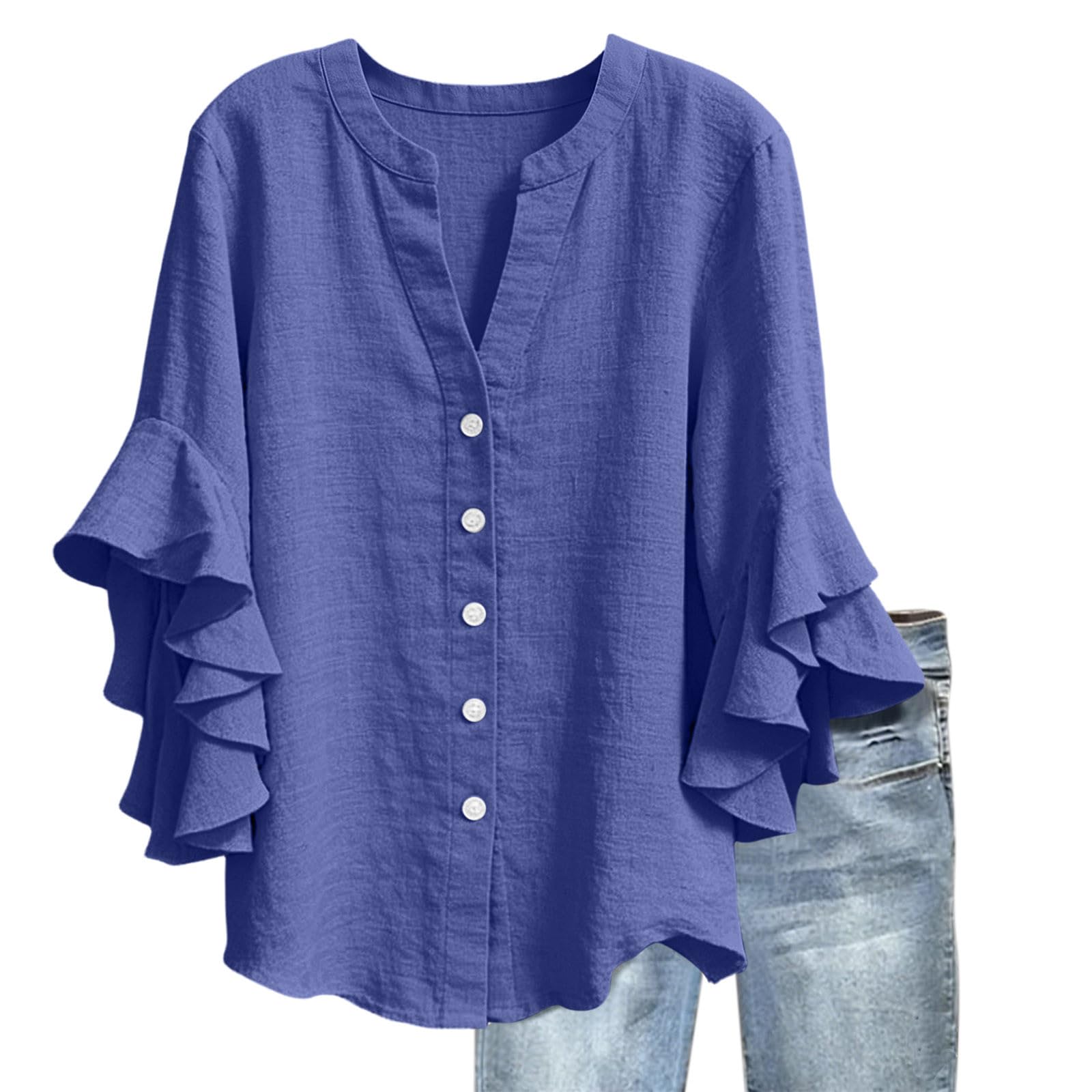 3/4 Ruffle Sleeve Cotton Linen Shirts for Women Dressy V Neck Beach Tunic Tops Elegant Summer Casual Work Blouses