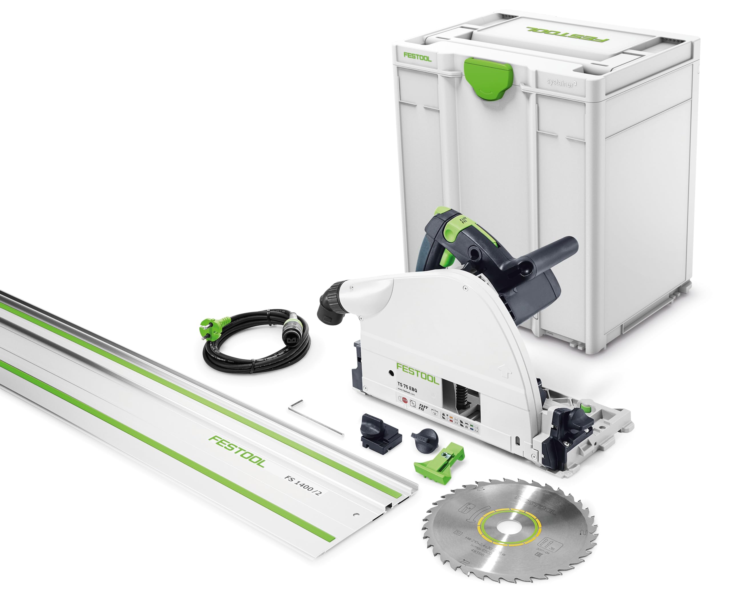 Festool Tauchsäge TS 75 EBQ-Plus-FS - Handkreissäge mit Führungsschiene | Präzise Tauchschnitte bis 75 mm, 1600 W Leistung, inklusive Rückschlagstopp, Wood Universal Sägeblatt und Systainer SYS3