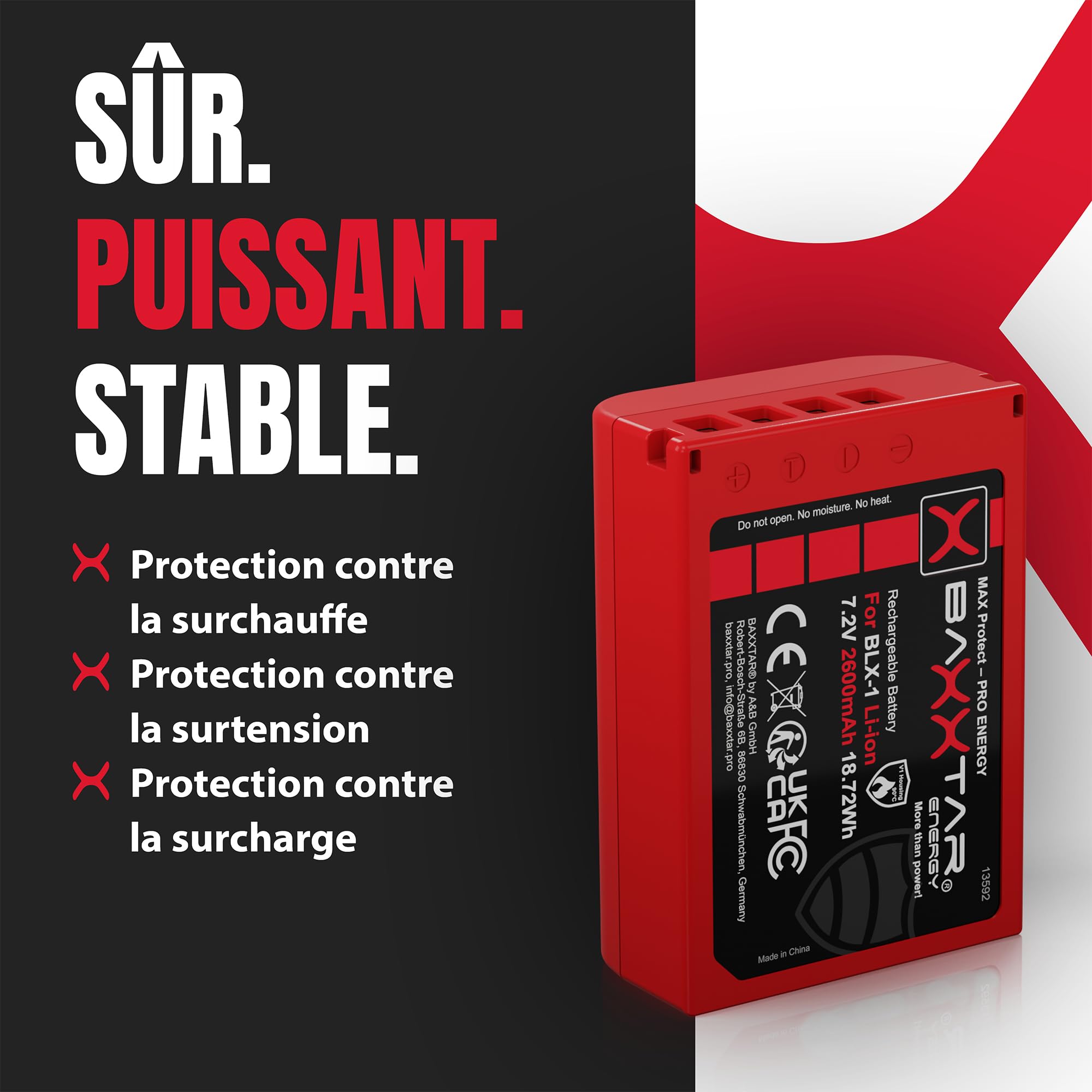 Baxxtar MaxProtect Batterie pour Olympus BLX-1 BLX1 OM1 OM3, 2600mAh 7.2V