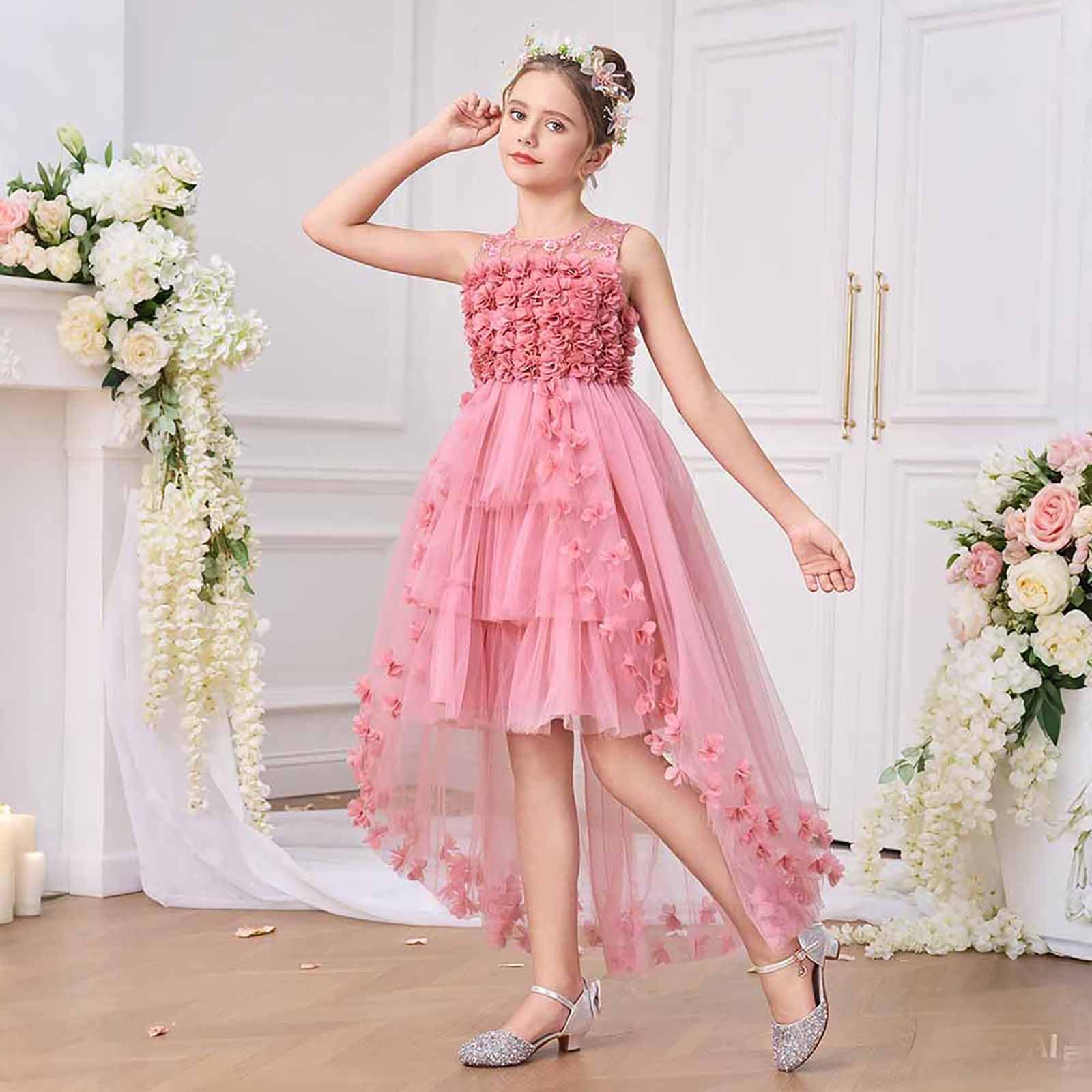 Vestidos para niñas: Elegante Vestido con Cola Floral 3D Fiesta Informal Edades de 7 a 12 años, Encaje, Ligero y Bordado, Ideal Uso Diario, Tendencia Infantil Estilo Casual/g