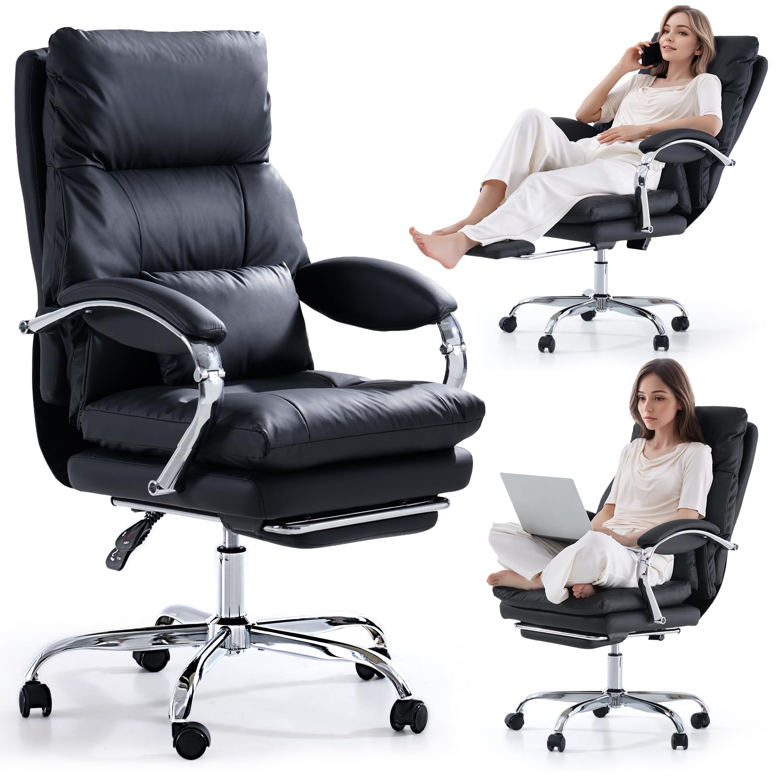 EMIAH Sedia da Ufficio Direzionale con Poggiapiedi, Comoda Sedia Scrivania con Braccioli, Poltrona Ufficio Ergonomica Reclinabile in Pelle PU con Ruote, Sedia per Computer con Cuscino Ispessito, Nero