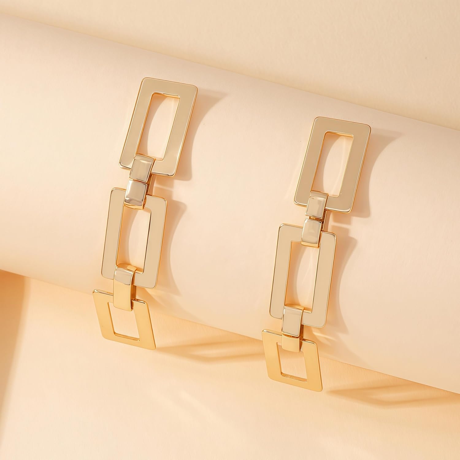 Gold Geometric Chain Link Drop Earrings, Rectangular Statement Dangle Earrings, Metal Fashion Jewelry - Image 5