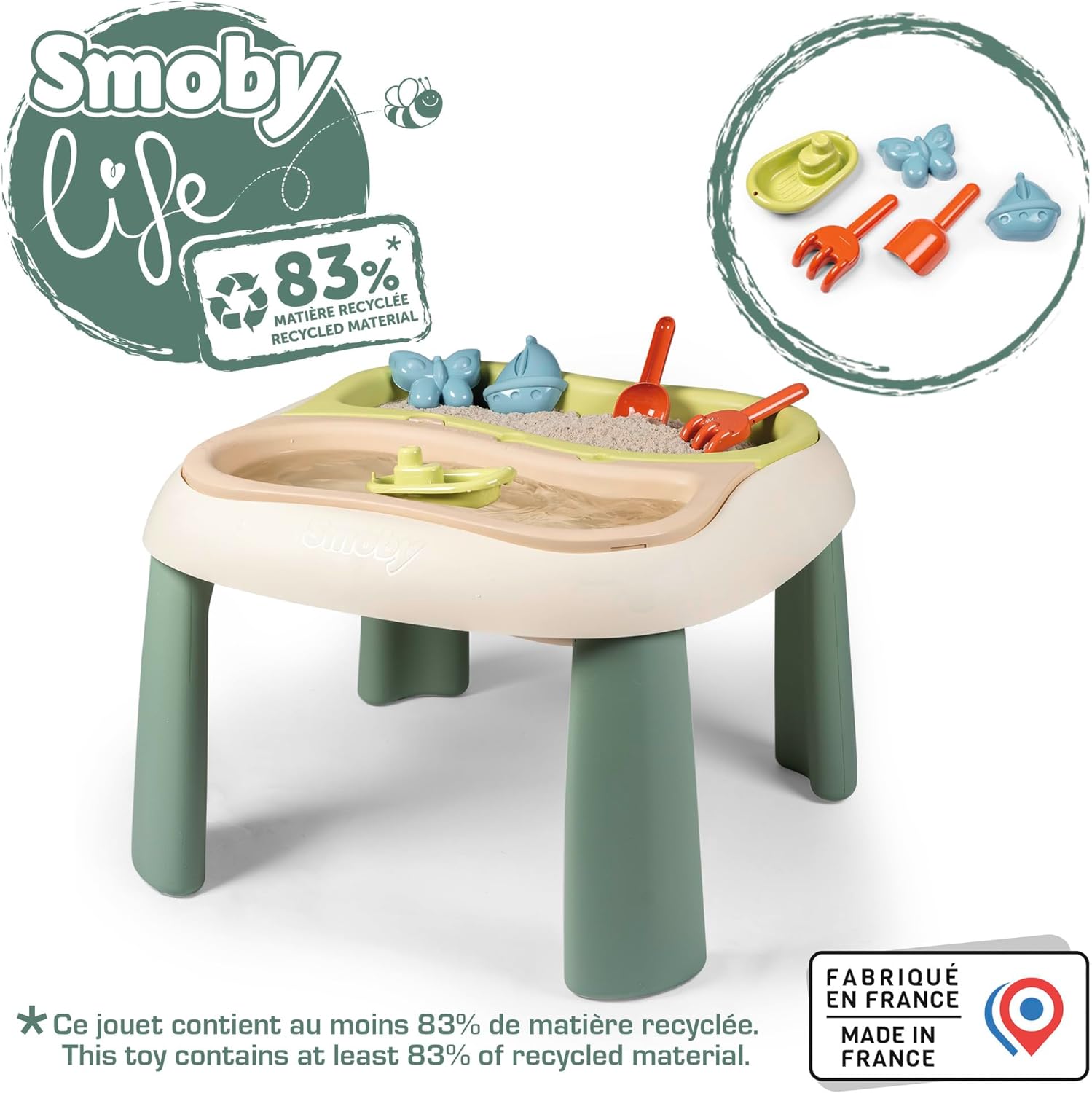 Smoby Life - Sand and Water Table - 2 Removable Bins, Shovel, Rake, Boat, Sand Moulds - Toy for Outdoor Use - Recycled Material - From 18 Months - Made in France