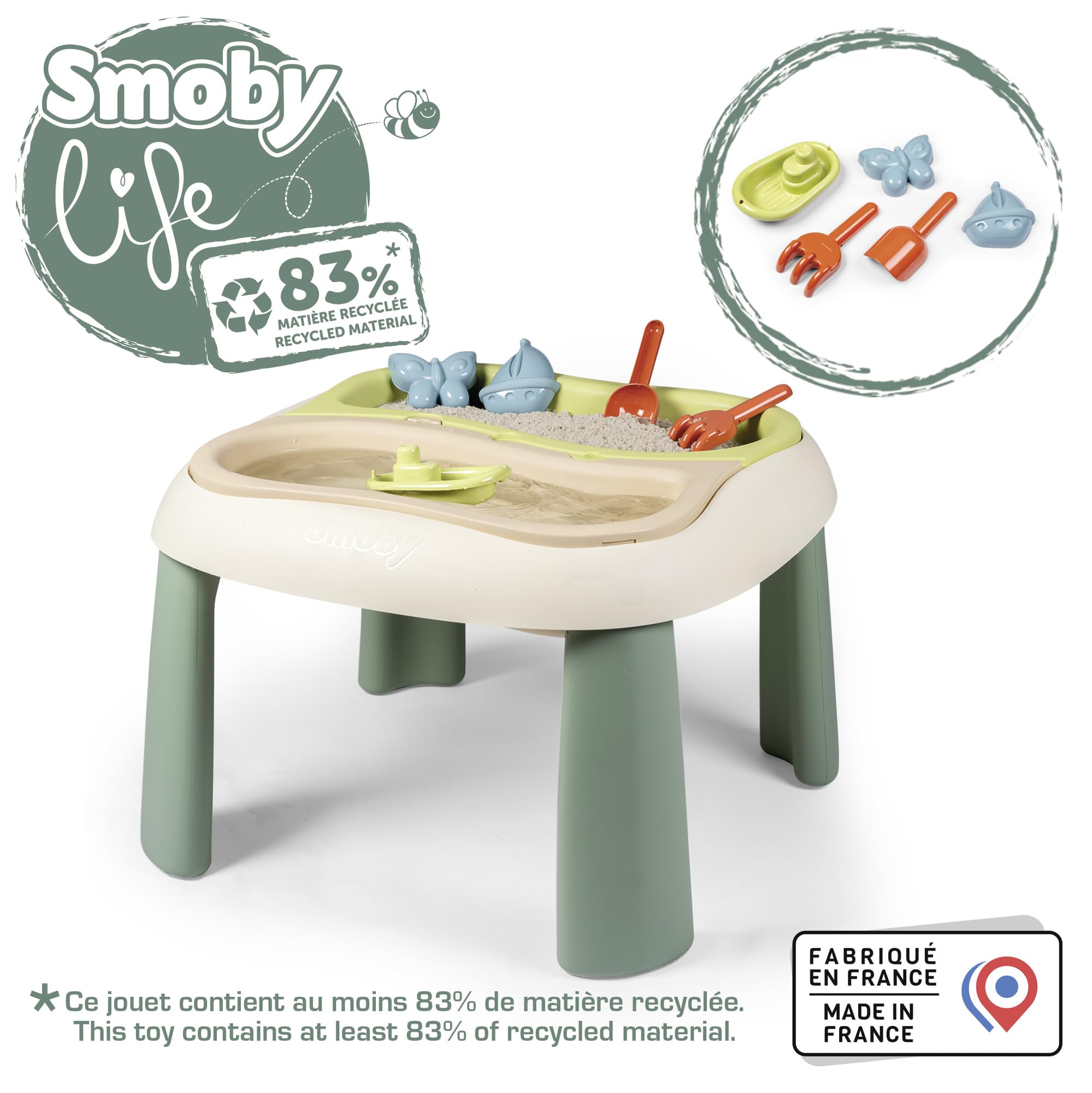 Smoby Life - Tavolo con Sabbia e Acqua - 2 vassoi Rimovibili, Paletta, rastrello, Barca, formine per Sabbia - Giocattolo per Uso Esterno - Materiale Riciclato - dai 18 Mesi - Prodotto in Francia