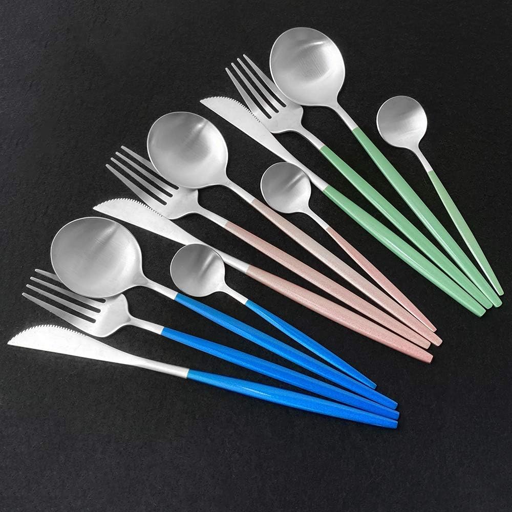 36 pieces Pink Handle Silver Spoon Matte Flatware Set 304 Stainless Steel Dinnerware Knife Dessert Fork Spoon Dinner Silverware Kitchen Party Tableware Set -Service for 6 (Pink Silver)