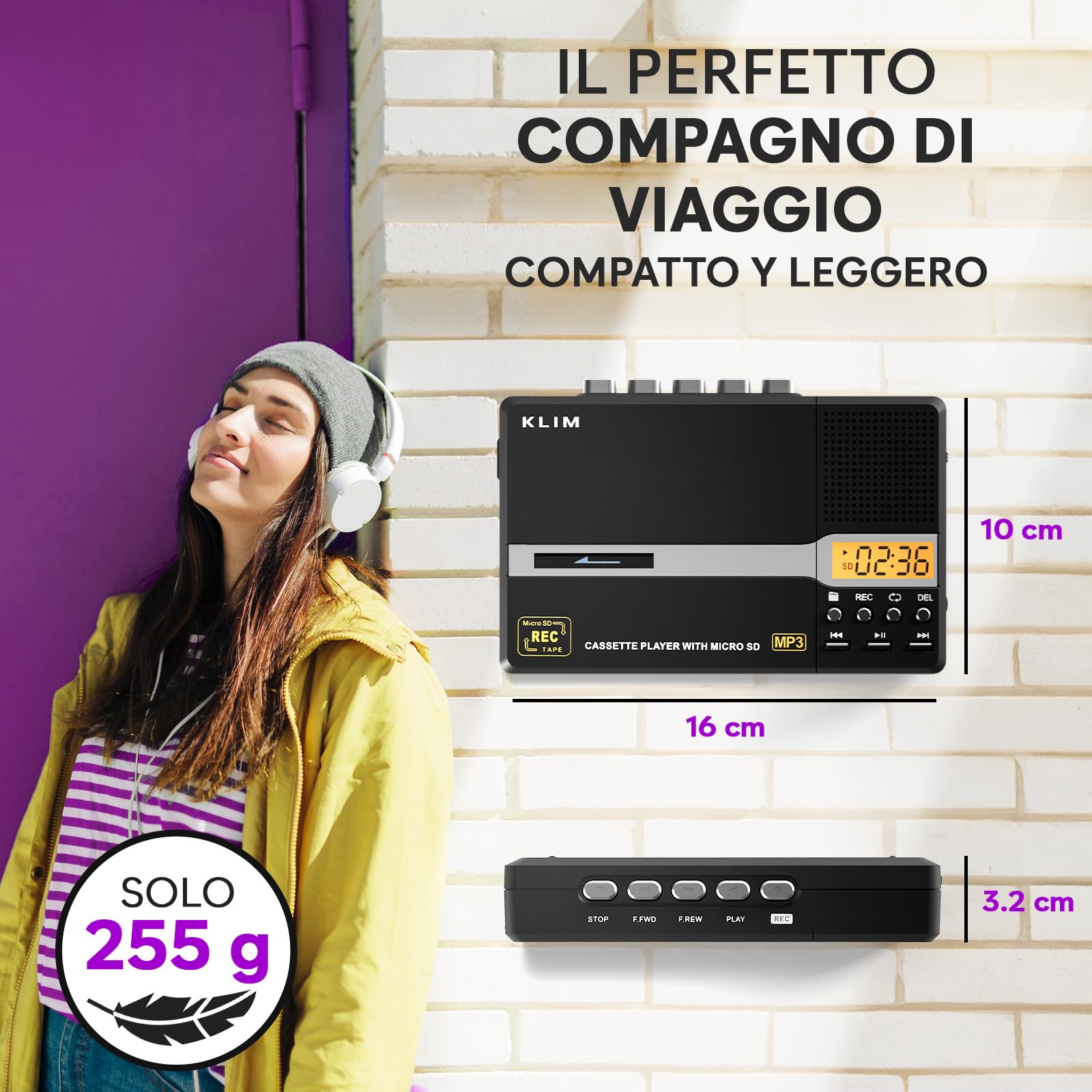 KLIM K10 Lettore Cassette Audio Portatile Registratore MP3 Convertitore Nero