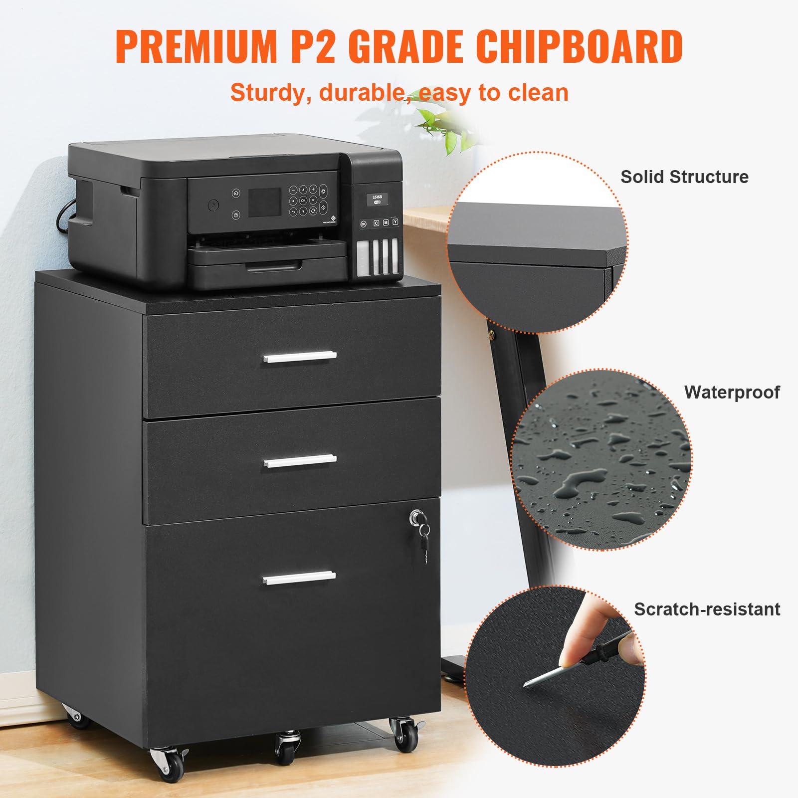 VEVOR Aktenschrank aus Holz mit 3 Schubladen, Aktenschrank mit Verschluss für Brief/A4-Format, 5 Rollen, Schwarz