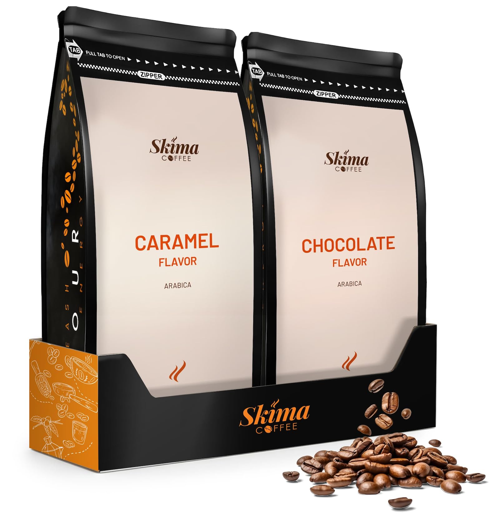 SkimaCoffee Café en grano aromatizado 2 x 1 kg PARAÍSO DE CARAMELO/PLACER DE CHOCOLATE