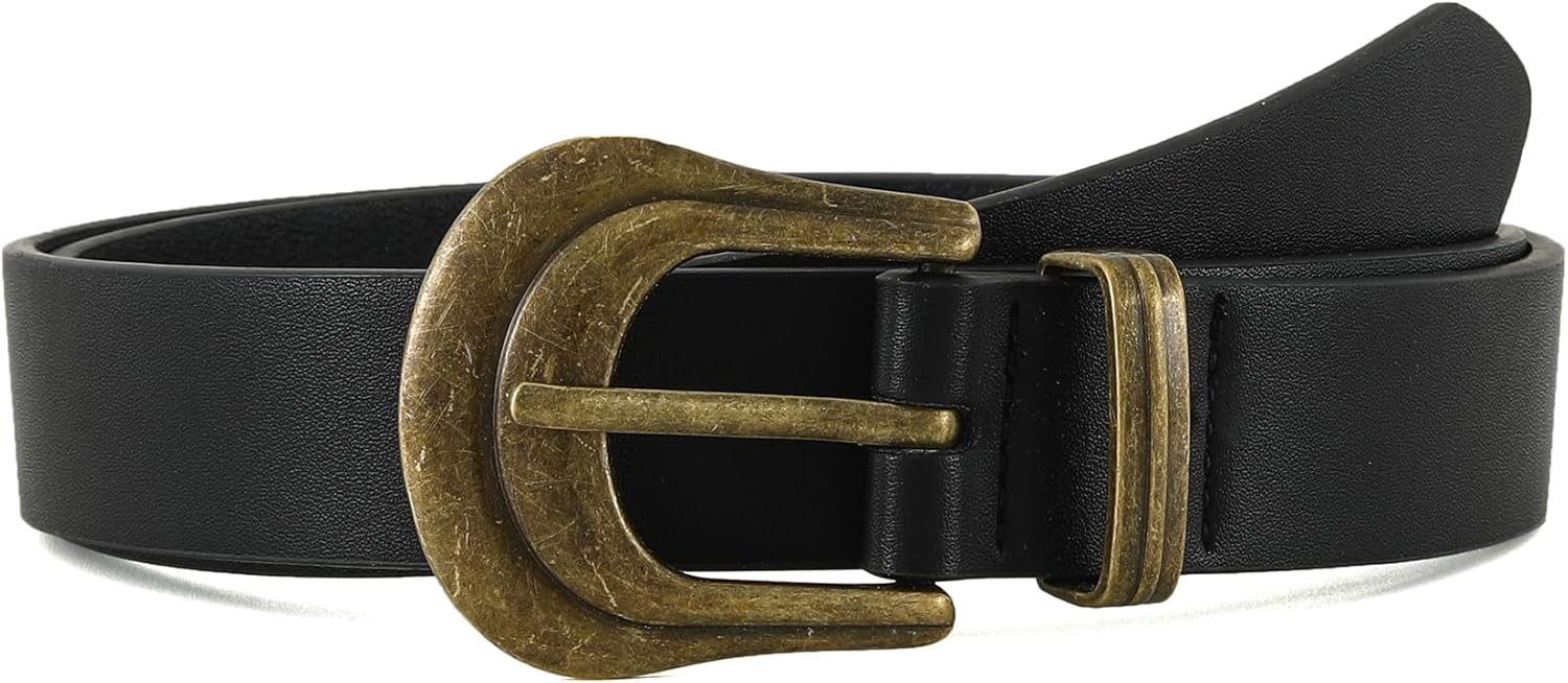 Earnda Women Western Leather Belts for Jeans Pants Vintage Waist Belt for Lady Dresses with Bronze Buckle Black