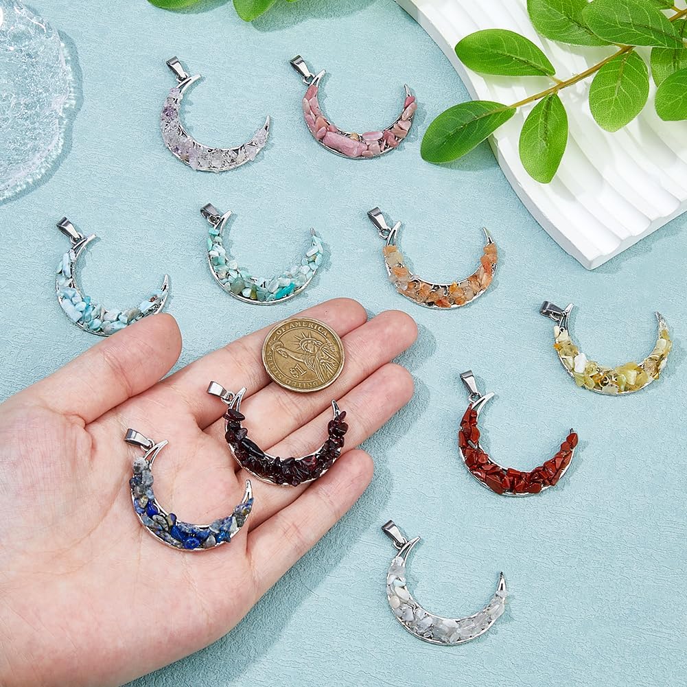 SUPERFINDINGS 20Pcs 10 Styles Gemstone Moon Charms Alloy Moon Charm Natural Stone Chip Pendant Alloy Stone Beads Pendants Chakra Crystal Stone Pendants for Jewelry Making - Image 3