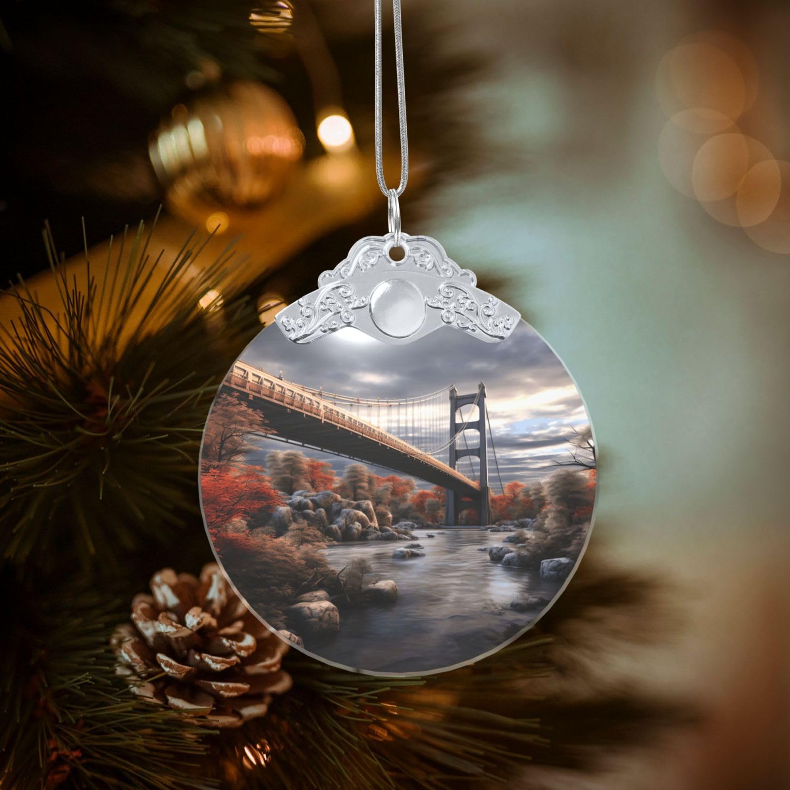 Crystal Christmas Ornaments for Christmas Tree Decoration Hanging Scenery Bridge Ornament with Gold Ribbon Crafts Round Pendant for Keepsake Gifts Glass Xmas Decor Party Supplies