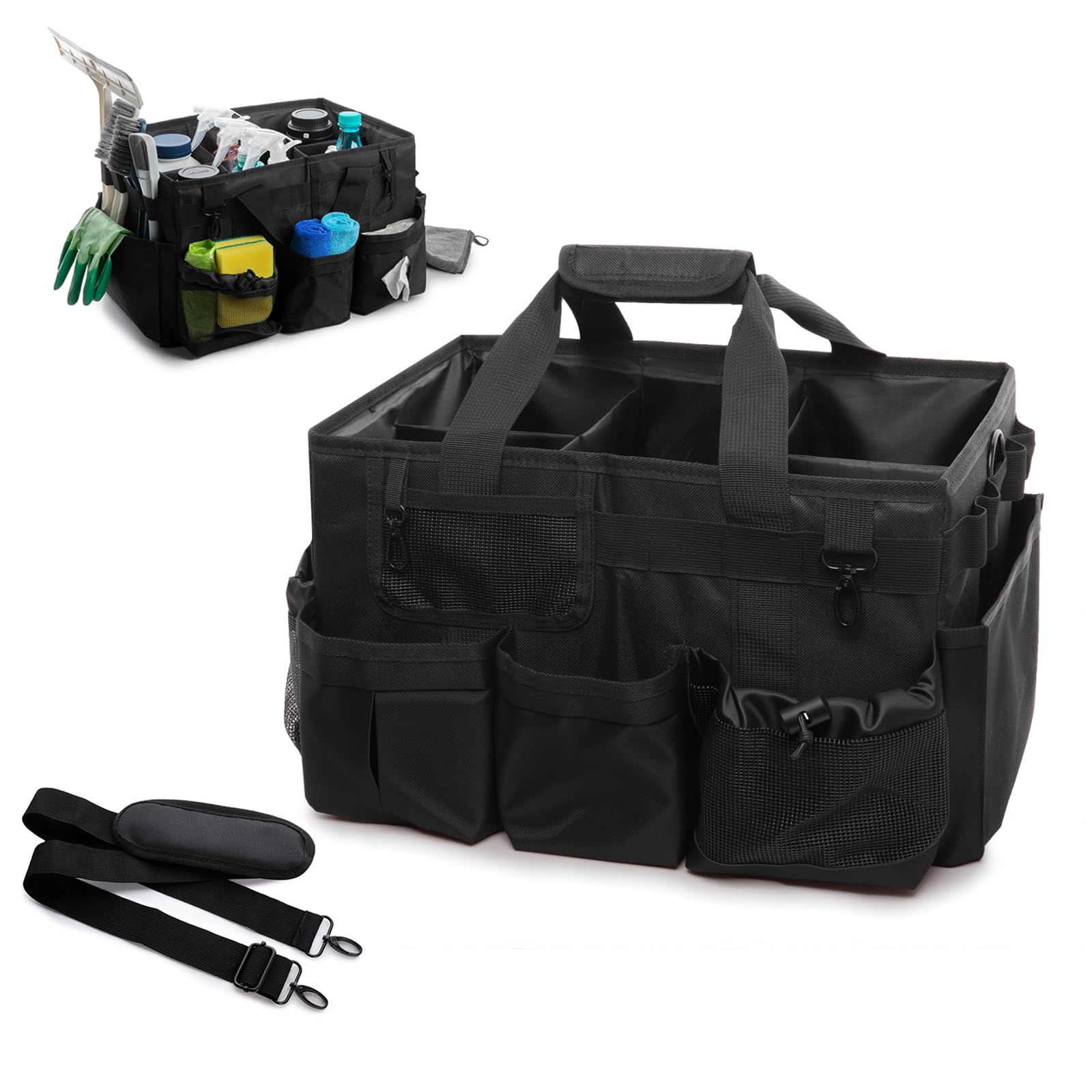 VMEECARL Cleaning Caddy with Handle with 4 Foldable Dividers, Multi-Compartment Cleaning Caddy Bag with Adjustable Shoulder Strap & Waist Belt, Tote Bag Organiser for Housekeepers Cleaners Black