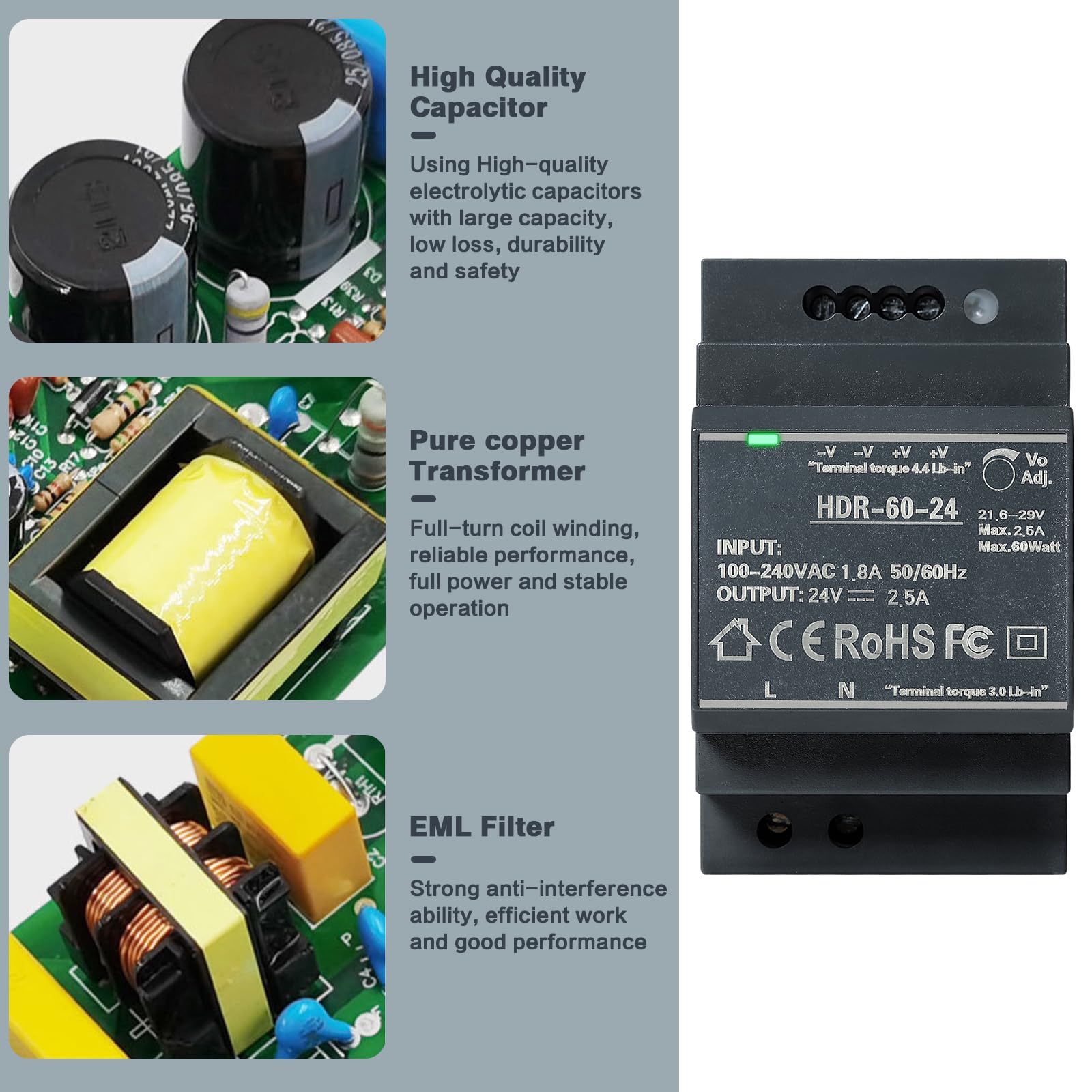 DEWIN Fuente de Alimentación Conmutada 24v, HDR-60W Fuente de Alimentación Conmutada de Transformador de Riel DIN para Equipos de Automatización Industrial (Color : DC 24V 2.5A)
