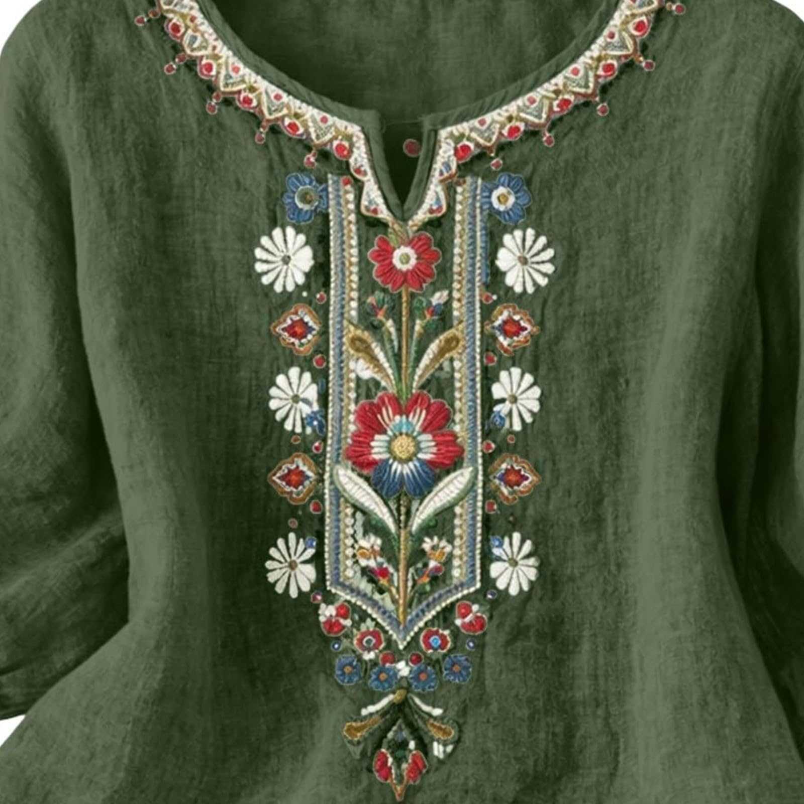 Chemisier Femme Lin Décontractée Été Huats Femme en Coton Et Lin Manches 3/4 Col Round Chemise Brodé Floral Rétro Style Ethnique T-Shirts Léger Et Respirant Tee Shirt Tunique Top Ample