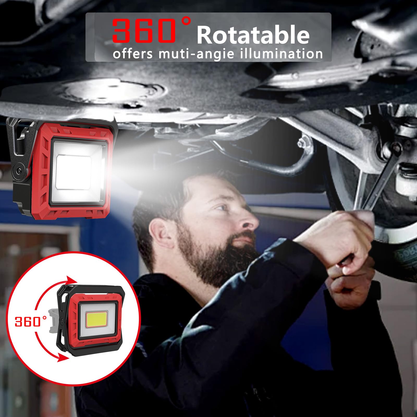 Lampada da lavoro a LED, 2000 lumen, super luminosa, ricaricabile, portatile, con base magnetica, per garage, officina, cantiere, campeggio (rosso)