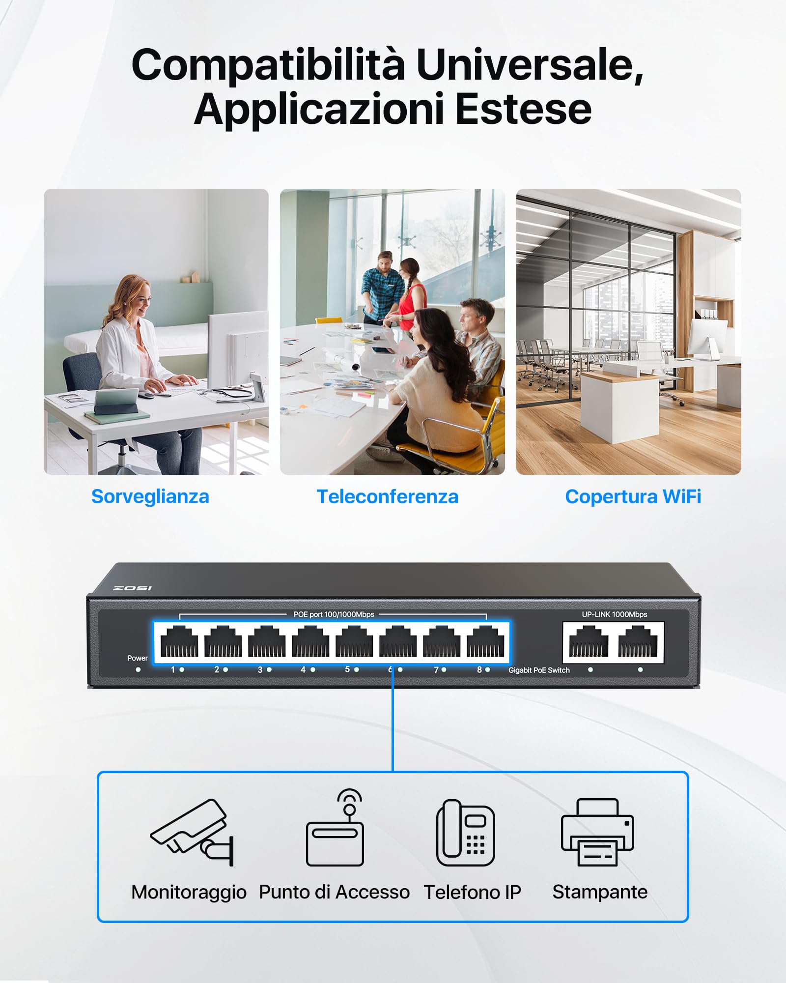 ZOSI 8 Porte PoE Switch Switch Gigabit con 1 Porta Uplink Gigabit, 96 W per 8 Porte PoE+, IEEE802.3af/at, Switch Ethernet non Gestito, Plug & Play, Alloggiamento in Metallo Robusto