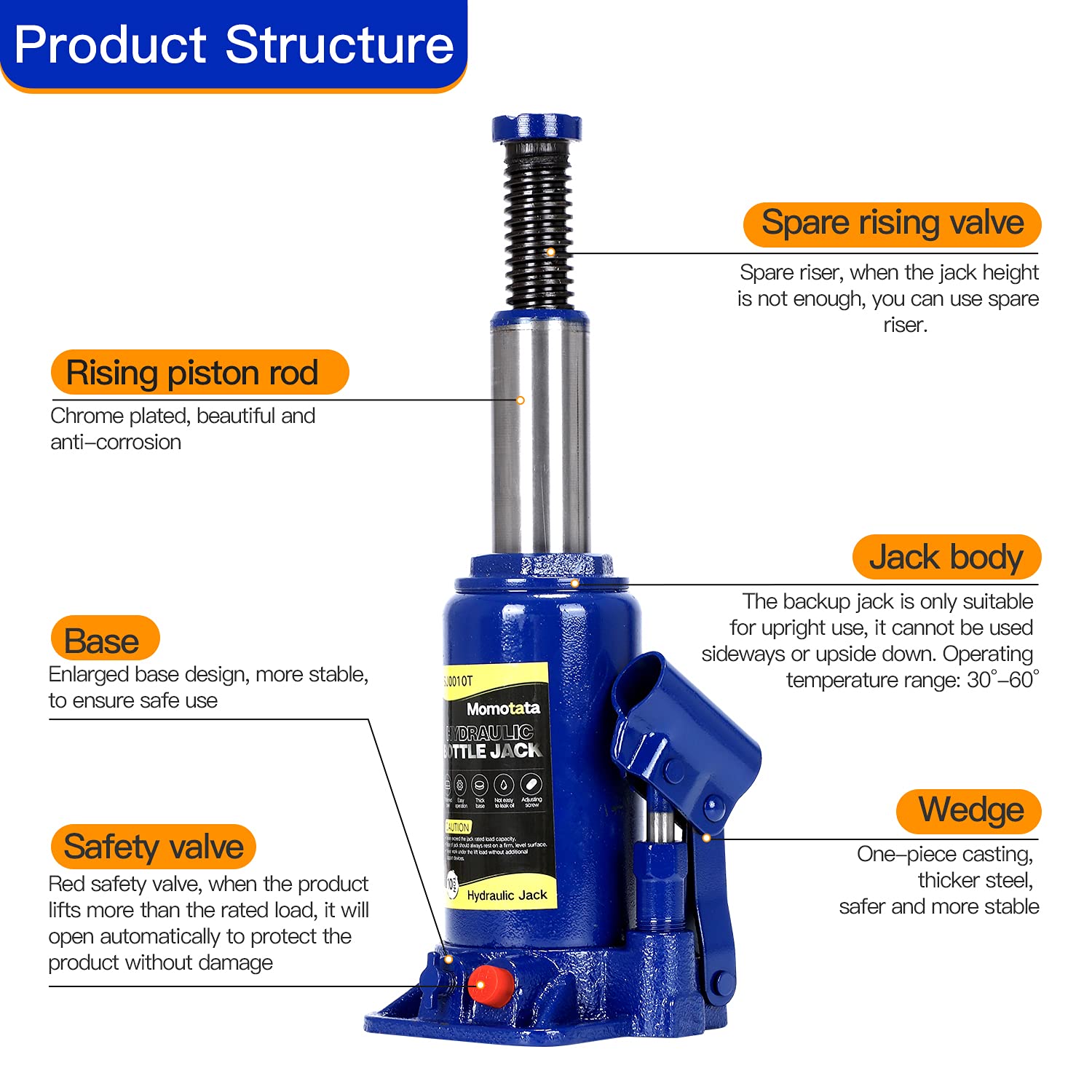 Portable Hydraulic Ram Welded Bottle Jack with Carrying Case, 2 Ton/ 5 Ton/ 8 Ton/ 10 Ton/ 20 Ton Capacity-Blue (10 TON)