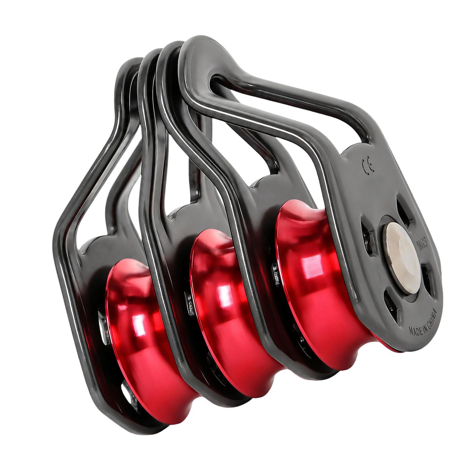 Polea de tres poleas para elevación y transporte, color rojo y gris