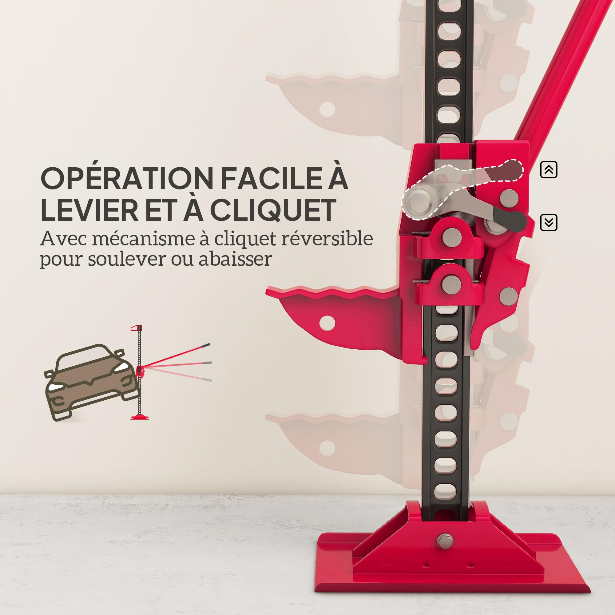 HOMCOM Cric Farm Jack Tout-Terrain ATV 4x4 Charge Max. 3000 kg Rouge | Hauteur de Levage 11-135 cm, Cric à Crémaillère, Dépannage Véhicule Embourbé, pour Voiture Camion SUV