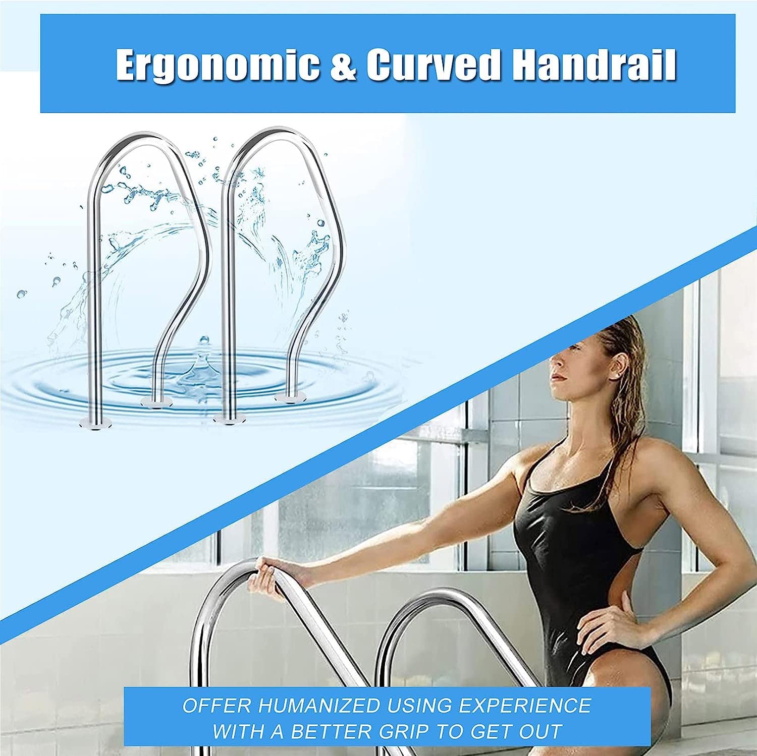Rampe d'escalier de piscine en acier inoxydable – Main courante durable pour une utilisation sous l'eau – 1 mm d'épaisseur – Main courante de piscine pour plus de sécurité et de stabilité