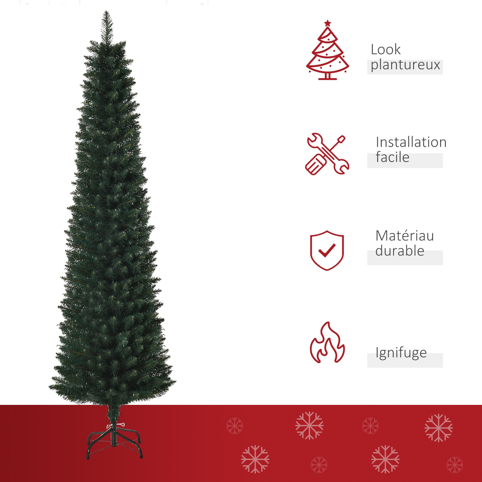 HOMCOM Sapin de Noël Artificiel 180 cm Fin et Haut Support Métal Vert | Arbre de Noël Slim, 380 Pointes de Branche, Pliable, Facile à Monter et Ranger, Maison Bureau