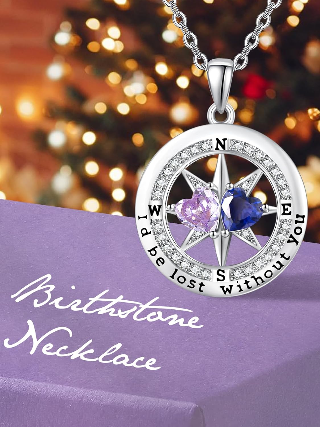 Compass Necklace for Women, Exquisite S925 Valentines Day Anniversary Birthday Gifts for Wife Her Double Birthstone Pendant Jewelry ‘I'd be Lost Without You’ - Image 5