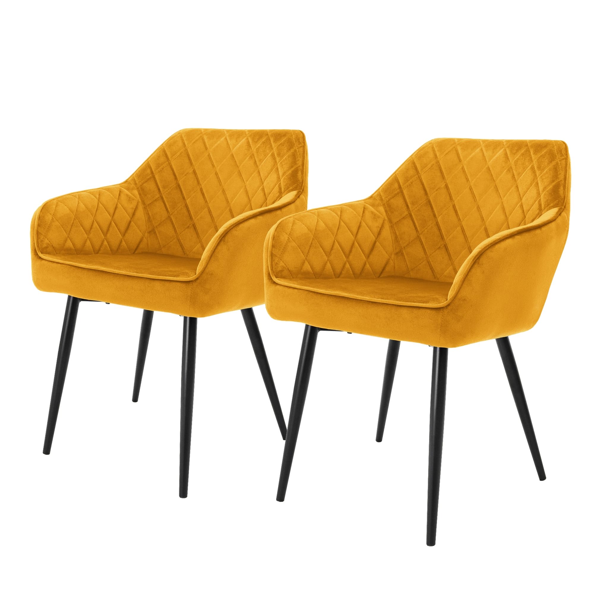 ML-Design Set 2X Sillas de Comedor Color Ocre Estilo Moderno Asiento Tapizado Aspecto de Terciopelo Patas de Metal Negras con Respaldo y Apoyabrazos Sillón Moderno de Salón Oficina Dormitorio Cocina