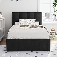Vista 3 de VECELO Base de cama de tamaño individual con cajón de almacenamiento, base de cama de plataforma resistente con cabecera y fuerte soporte de Negro