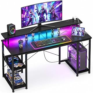 AODK パソコンデスク ゲーミングデスク 幅140 コンセント付き desk ラック付き LED付きブラック