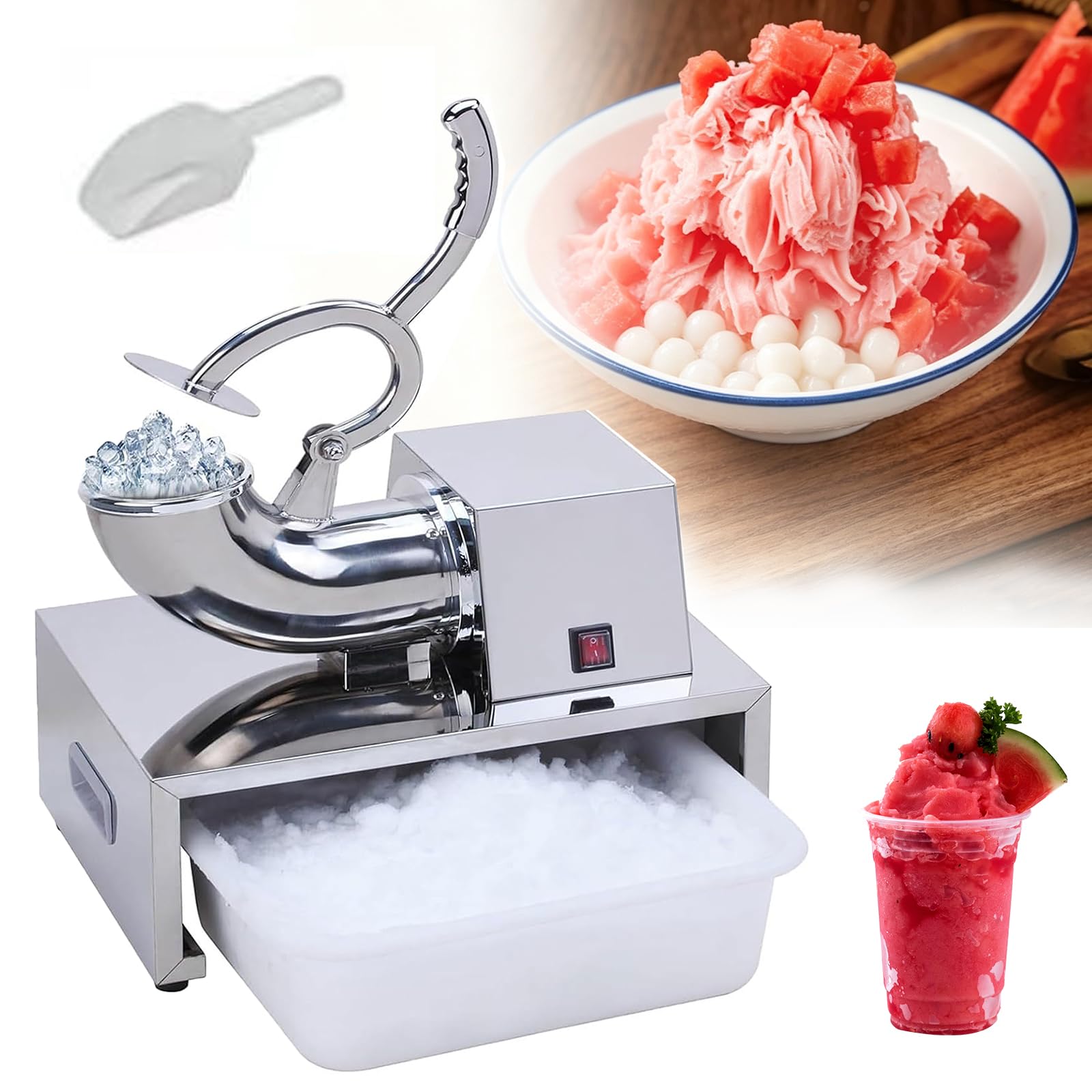 Máquina comercial picadora de hielo, máquina eléctrica de conos de nieve de 220 LBS/H, fabricante de hielo rallado a 1400 RPM, apertura de descarga de 40 cm de ancho para restaurantes, bares, fiestas