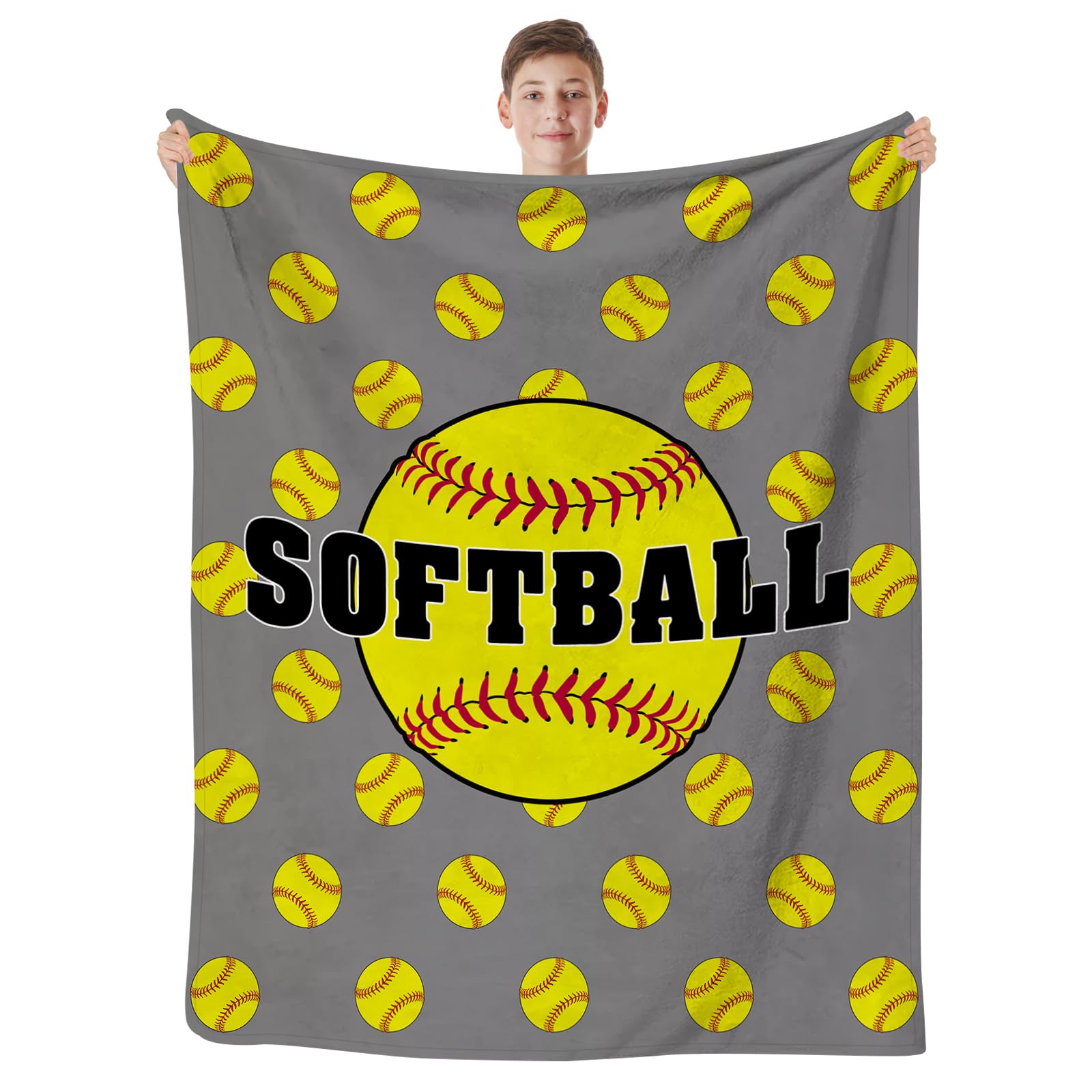 SKT T1 Softball Blanket Yellow Softball on Gray Throw Blanket for Girls Adults, Softball Gifts for Girls Team Coach, Softball Mom Fleece Blankets, Softball Lover/Player 80"x60"