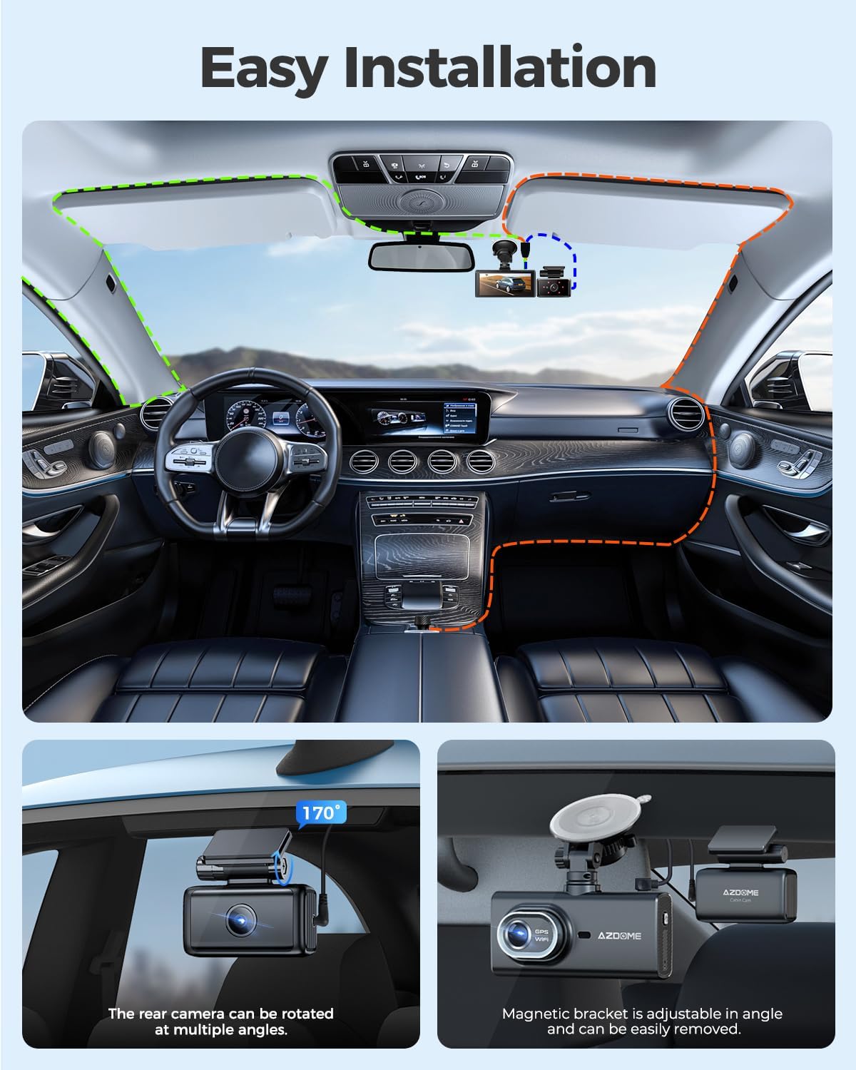 Diagram showing the routing of cables for easy installation of the dash cam, rear camera, and power supply in a car interior