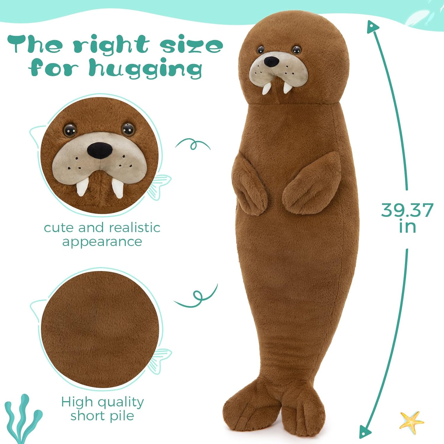 MorisMos Long Walrus Plush Body Pillow 39.3", Cute Walrus Stuffed Animal Cuddly Soft Sleeping Throw Pillow Toy Gift for Kids Girlfriend Birthday Christmas