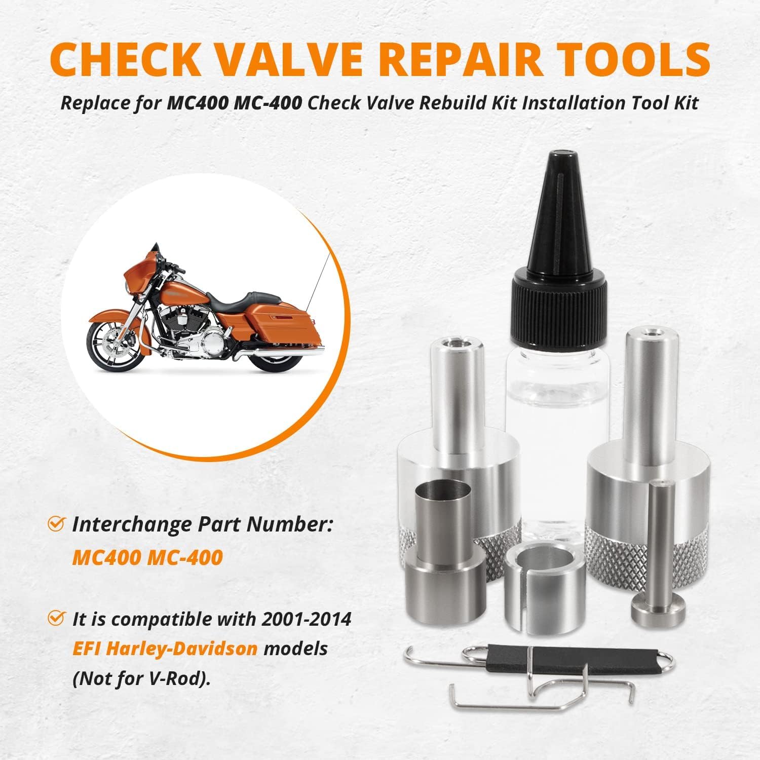 Kraftstoff-Rückschlagventil-Reparatur-Werkzeug, passend für Harley-Davidson, Ersatz für MC300 MC400, Kraftstoff-Rückschlagventil-Umbausatz, Installationswerkzeug-Set