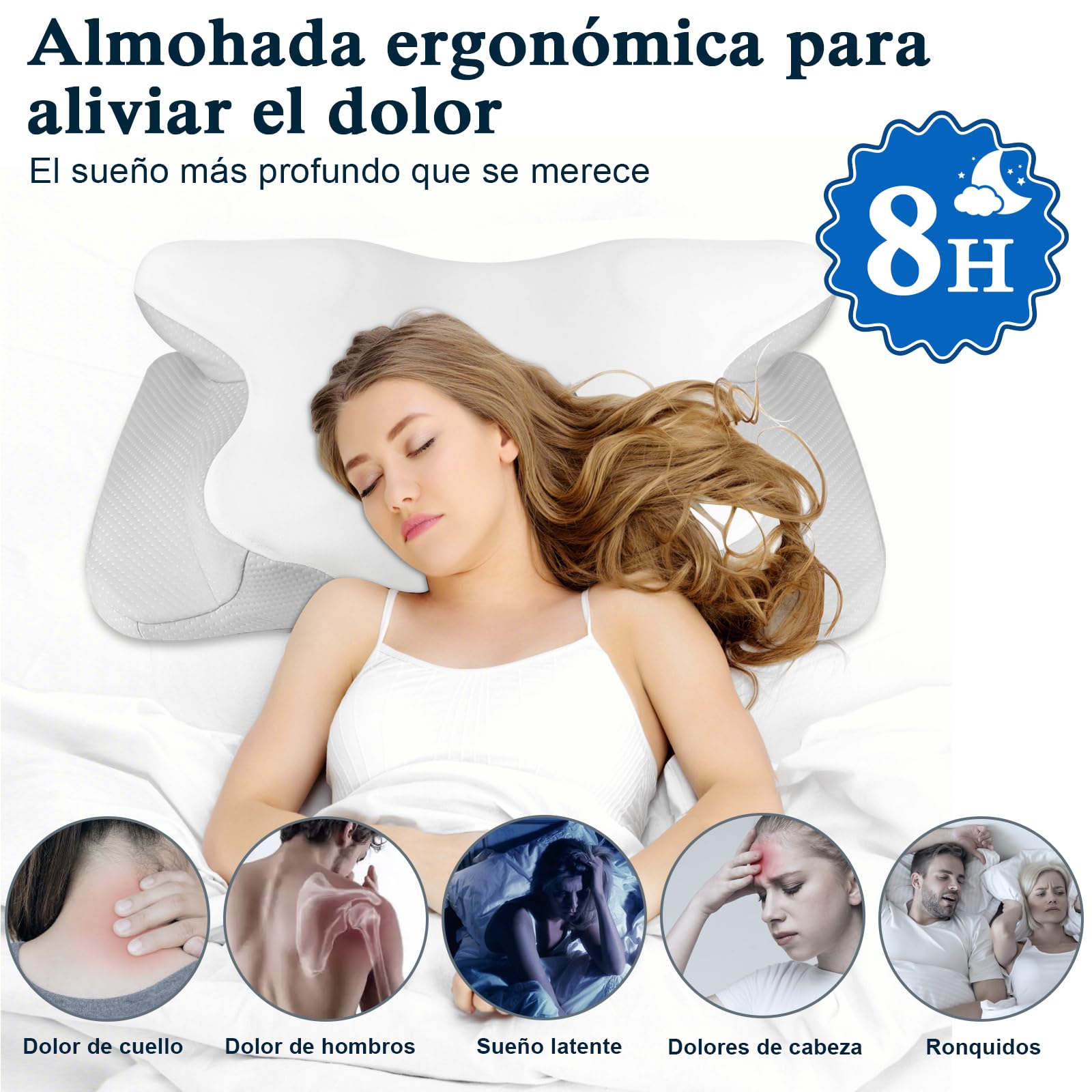PHYSEN Almohada Cervical Ergonómica para Cuello, Almohada de Espuma Viscoelástica, Almohada Ortopédica para Dormir de Lado, Boca Arriba o Boca Abajo, 62x41x13cm