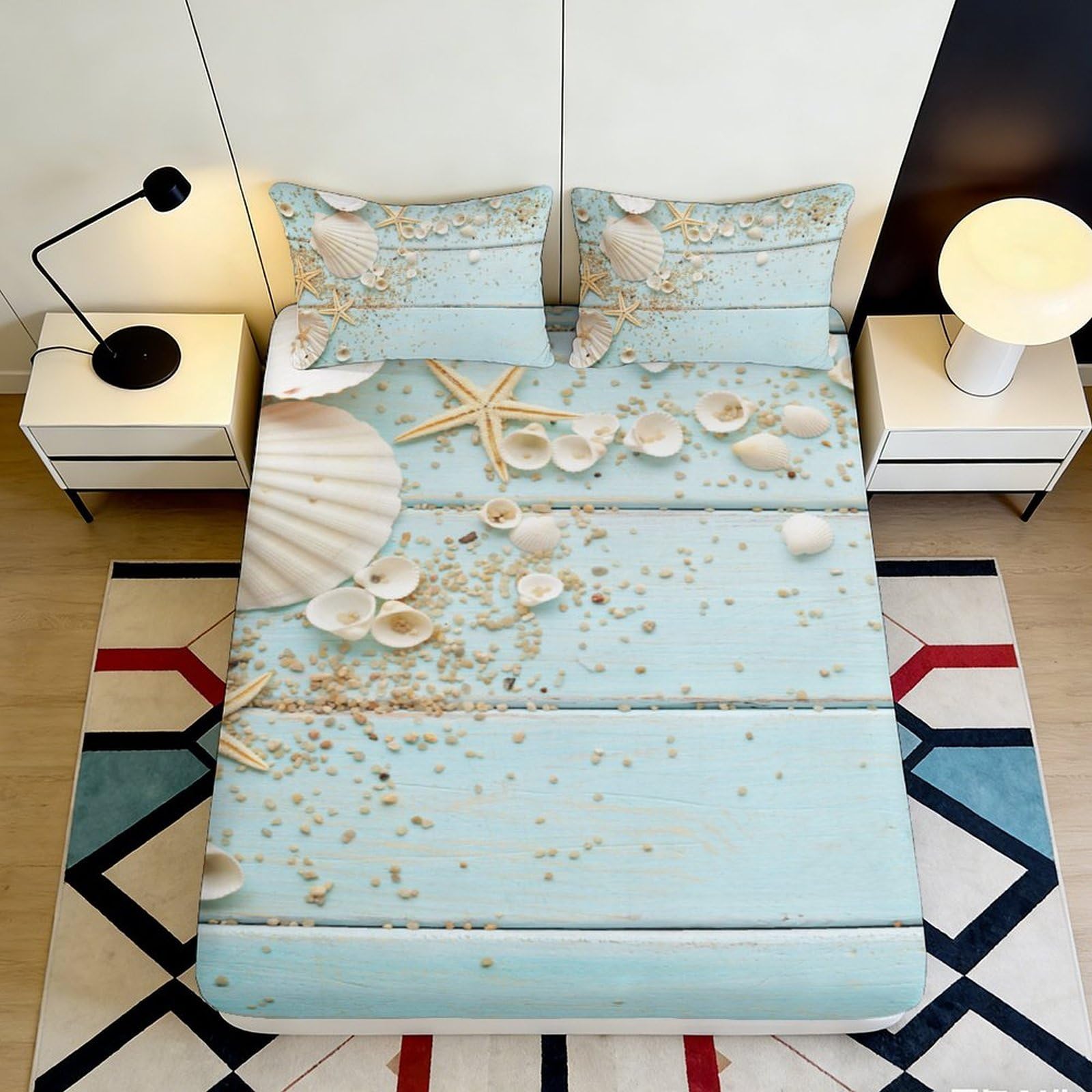 3D Printed Seashell Fitted Sheet Microfiber Soft Breathable Starfish Bed Cover for Bedroom Dormitory Guest Room Mattress Protection Decor 160x200x25cm