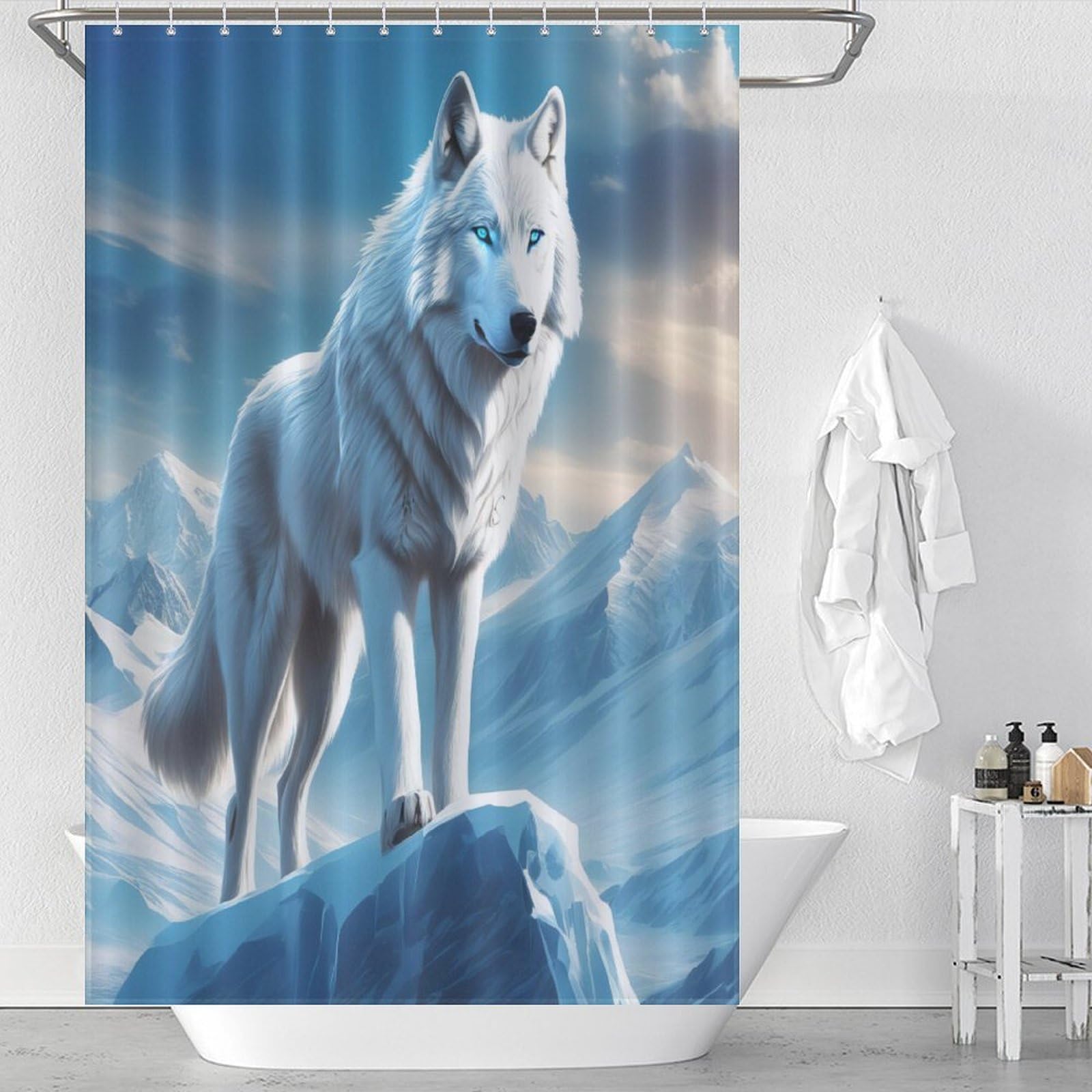 Rideau de douche loup en tissu polyester lavable imperméable 122x183 cm avec 12 crochets