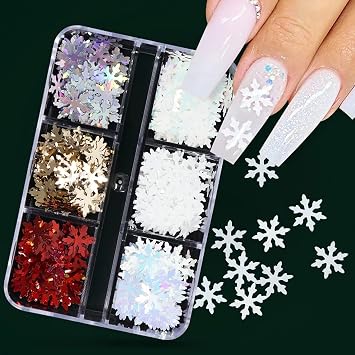 6 Grids Snowflake Nail Art Stickers Decals 3D Glitter Sequins Holographic Laser White Gold Silver Christmas Nail Art Flakes Winter Xmas Snow Glitter