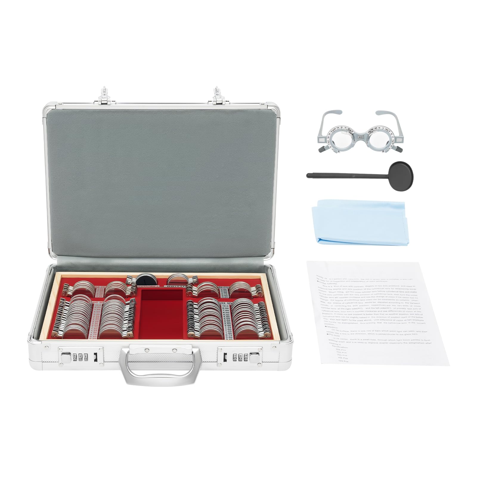 104pcs Optical Trial Lens Set, Optical Lens Optometry Rim Kit Set w/Free Optometry Test Trial Frame, High Precision Optical Lens Optometry Kit, Glass & Metal