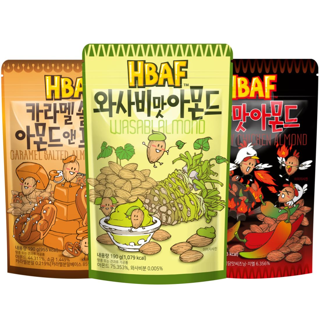 [Official Gilim HBAF] Korean Seasoned Almonds 3 Flavor Party Pack Mix (1 Wasabi, 1 x 190g, 1 Salted Caramel, 1 x 190g, 1 Hot and Spicy Chicken, 1 x 190g)