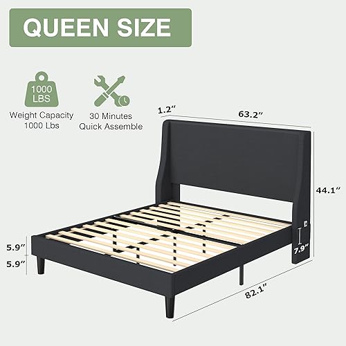 Miniatura 47 de VECELO Base de cama matrimonial con cabecera tapizada con respaldo alado, plataforma resistente con estación de carga y bolsillos laterales, no