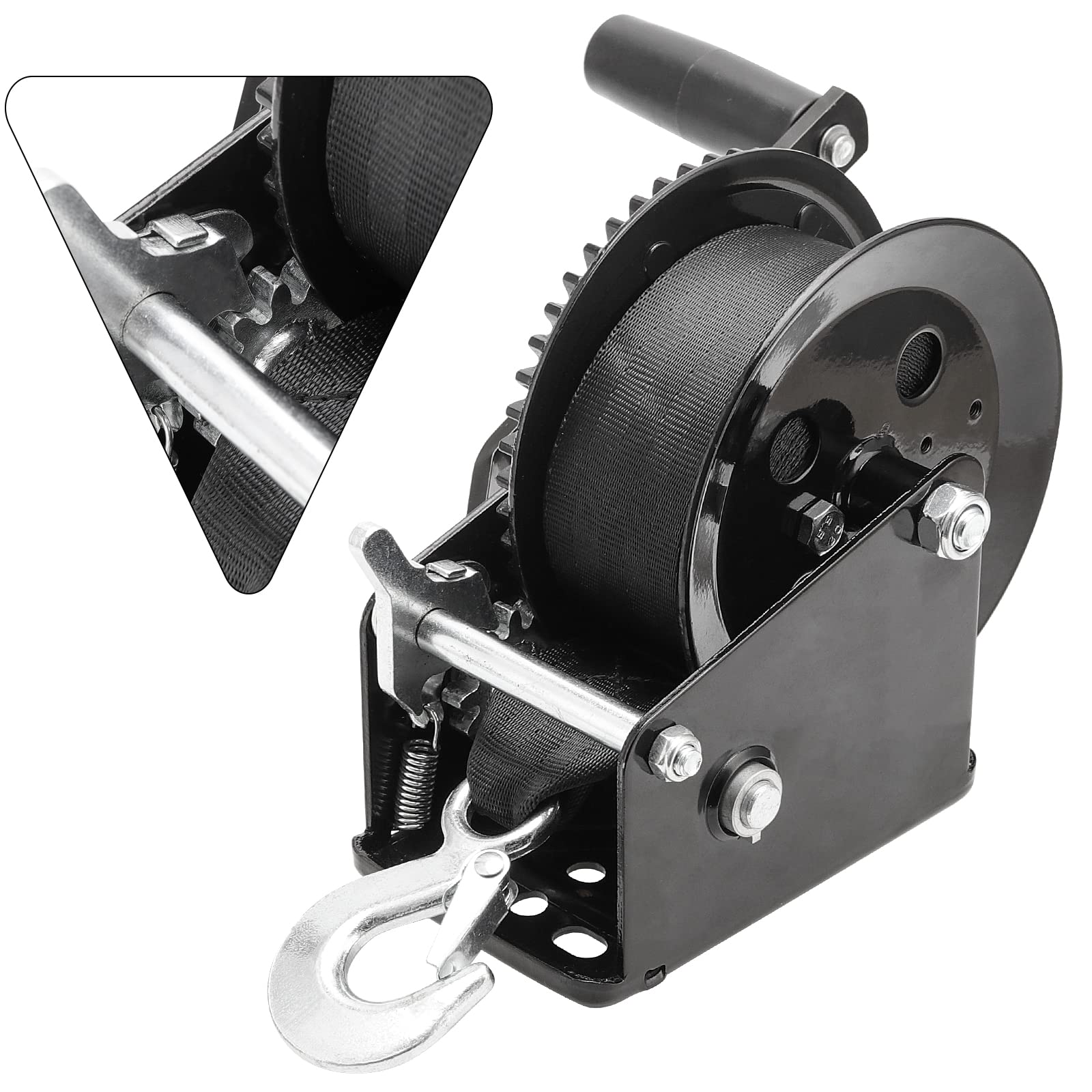 MAHIONG 1600lbs Hand Winch, Black 32.8 Feet x 2 Inch Strap Heavy Duty Hand Crank Strap Gear Trailer Winch with Hook, Manual Hand Crank Winch for Pulling ATV Boat Trailer Truck